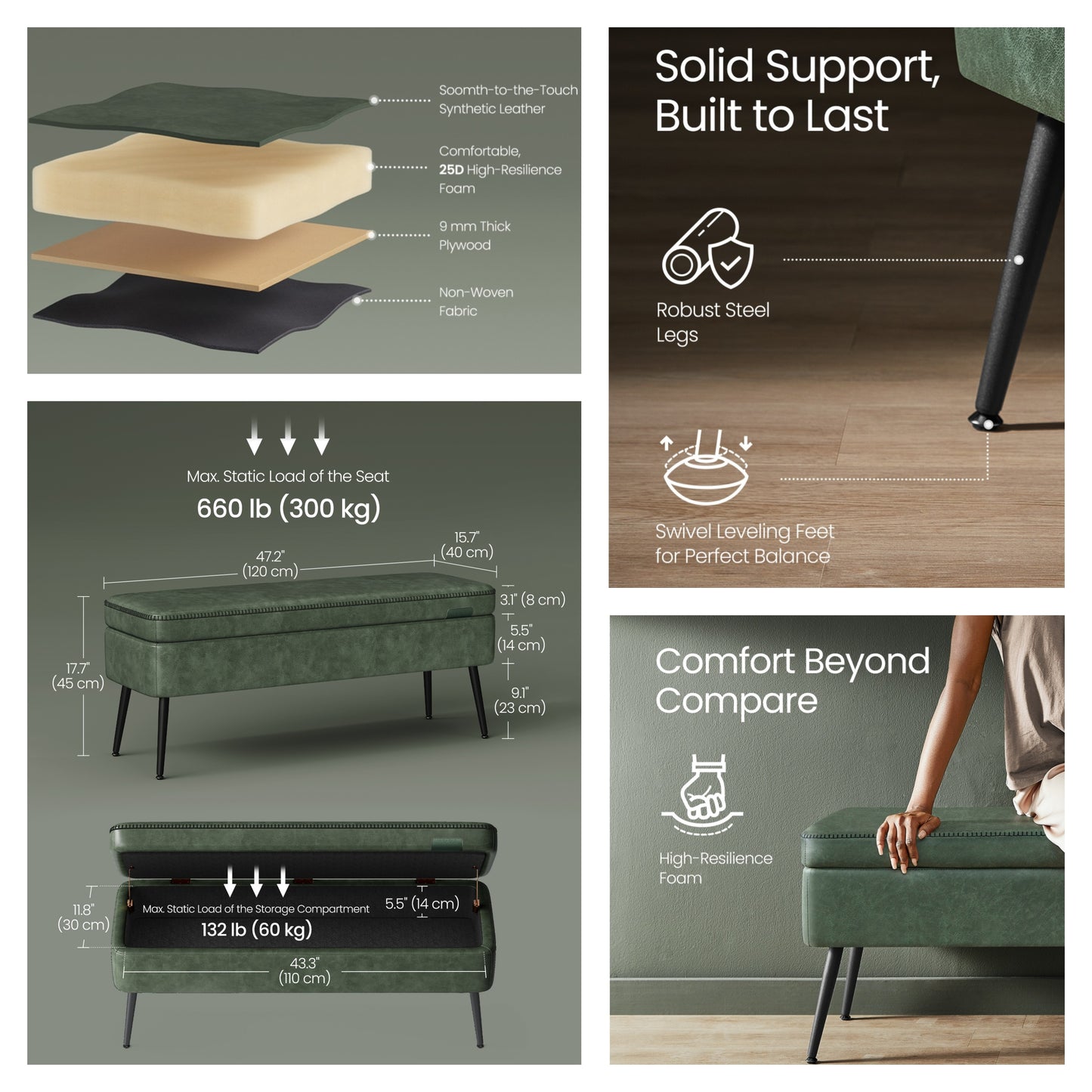 Storage Ottoman Bench, 15 Gal Entryway Bedroom Bench with Safety Hinges, Synthetic Leather Upholstery, 660 lb Capacity, Forest Green