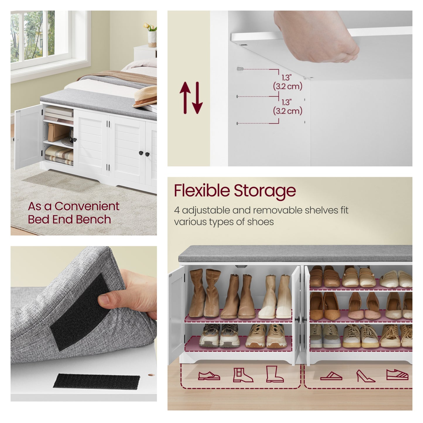 LEDREM Shoe Storage Bench with Cushion, 3-Tier Entryway Bench with Doors and Adjustable Shelves, Padded Seat Shoe Organizer for Hallway or Bedroom, Cloud White and Dove Gray