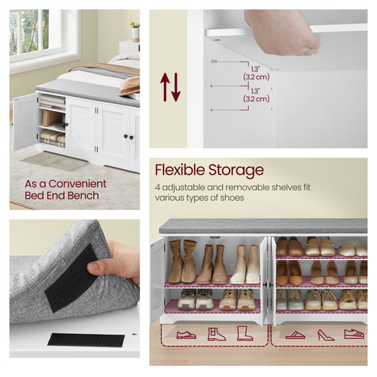 LEDREM Shoe Storage Bench with Cushion, 3-Tier Entryway Bench with Doors and Adjustable Shelves, Padded Seat Shoe Organizer for Hallway or Bedroom, Cloud White and Dove Gray