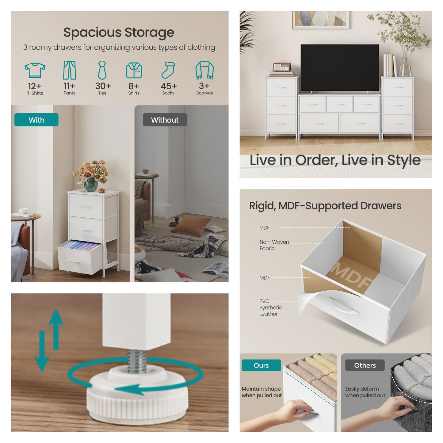 3-Drawer Storage Dresser with Steel Frame, Fabric Drawer Organizer for Bedroom, Closet, and Entryway, Cloud White and Snow White