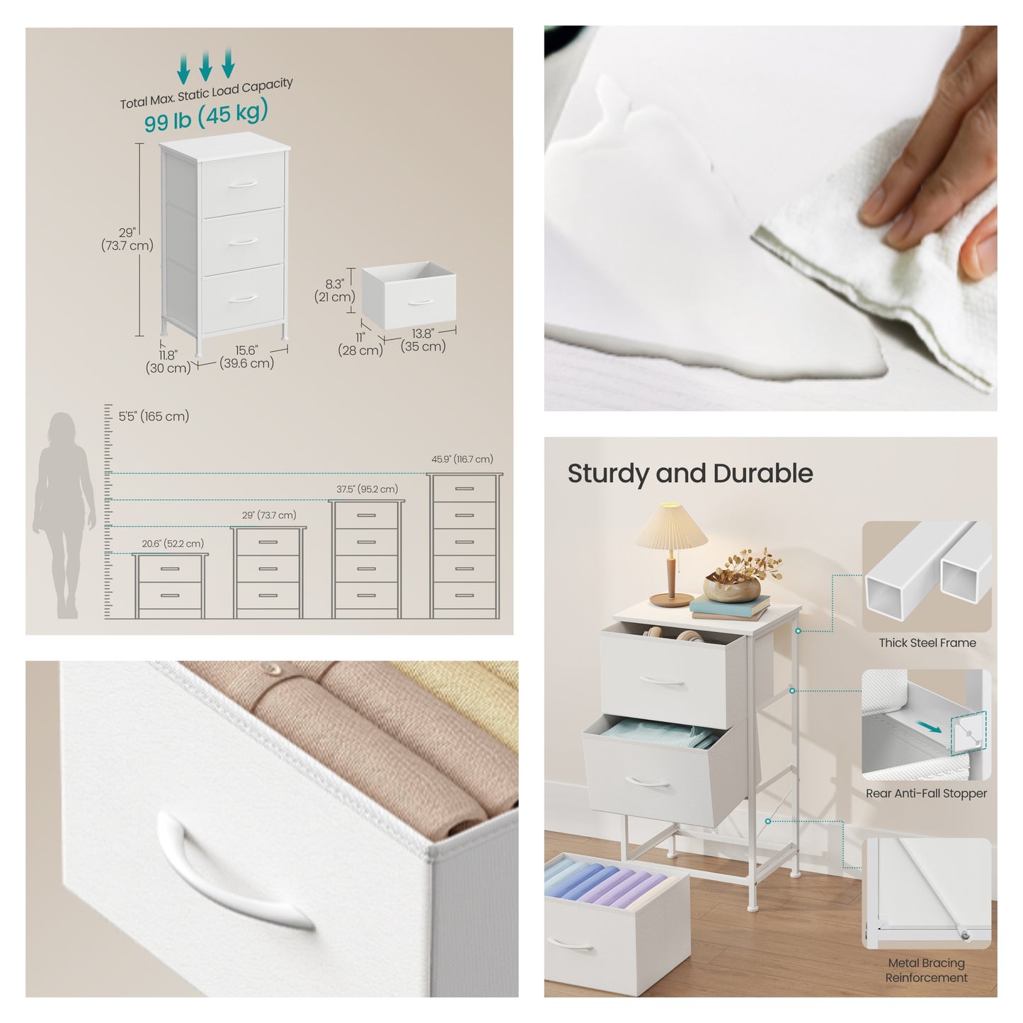 3-Drawer Storage Dresser with Steel Frame, Fabric Drawer Organizer for Bedroom, Closet, and Entryway, Cloud White and Snow White
