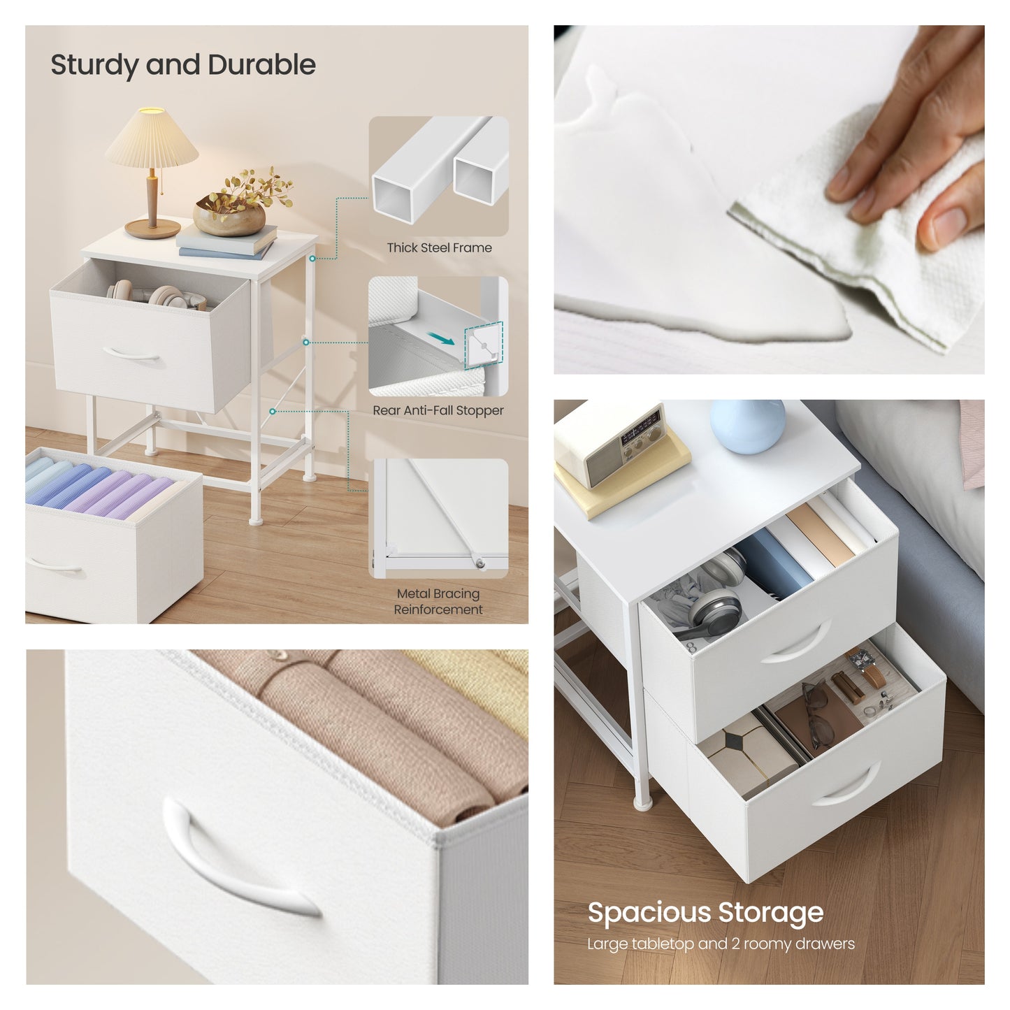 Modern 2-Drawer Storage Dresser, Steel Frame Fabric Chest of Drawers for Bedroom, Closet or Entryway, Cloud White and Snow White