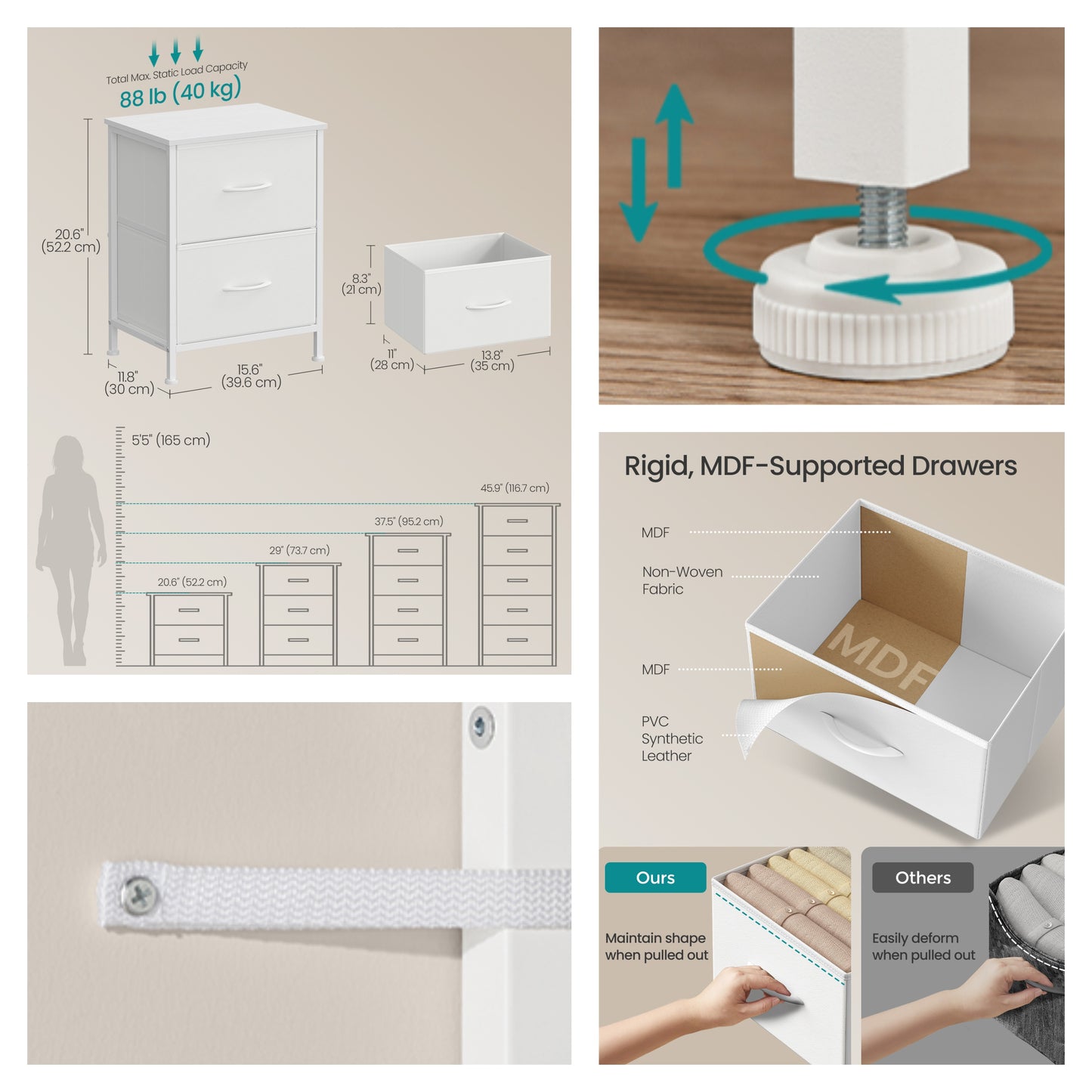 Modern 2-Drawer Storage Dresser, Steel Frame Fabric Chest of Drawers for Bedroom, Closet or Entryway, Cloud White and Snow White