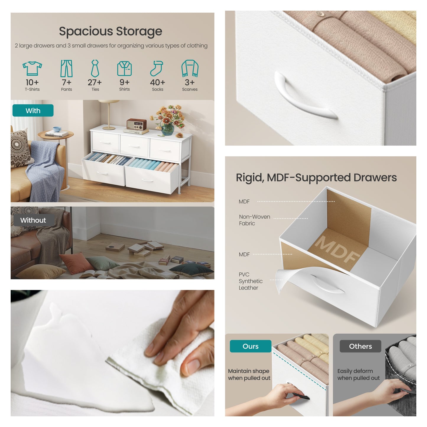 5-Drawer Storage Dresser with Steel Frame, Fabric Drawer Organizer for Bedroom, Closet, and TV Stand Use, Cloud White and Snow White