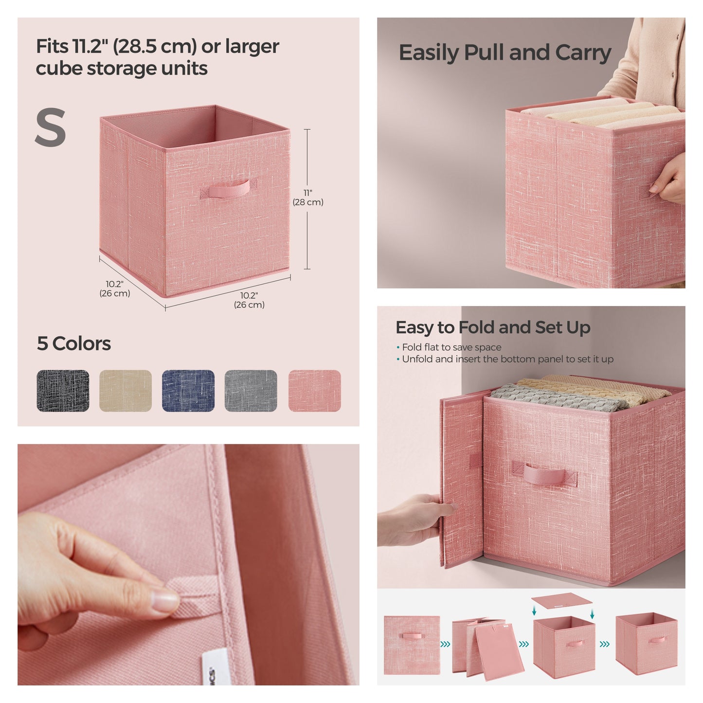 Set of 8 Foldable Fabric Storage Cubes, 10.2" Closet Organizer Bins with Handles for Shelves, Jelly Pink