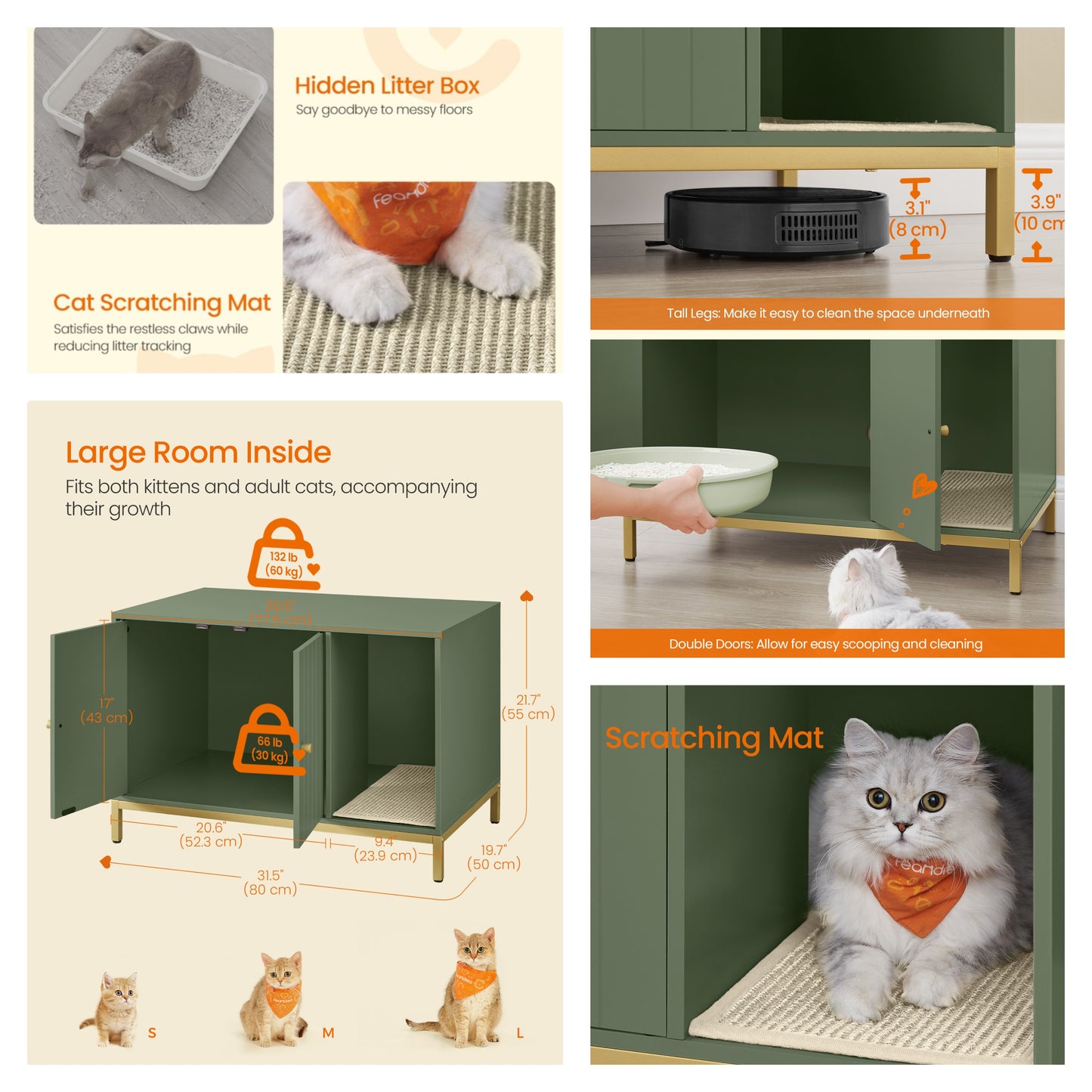 Cat Litter Box Enclosure with Scratch Pad, Hidden Litter Box Furniture with Double Cabinet Doors, Side End Table, Forest Green and Gold