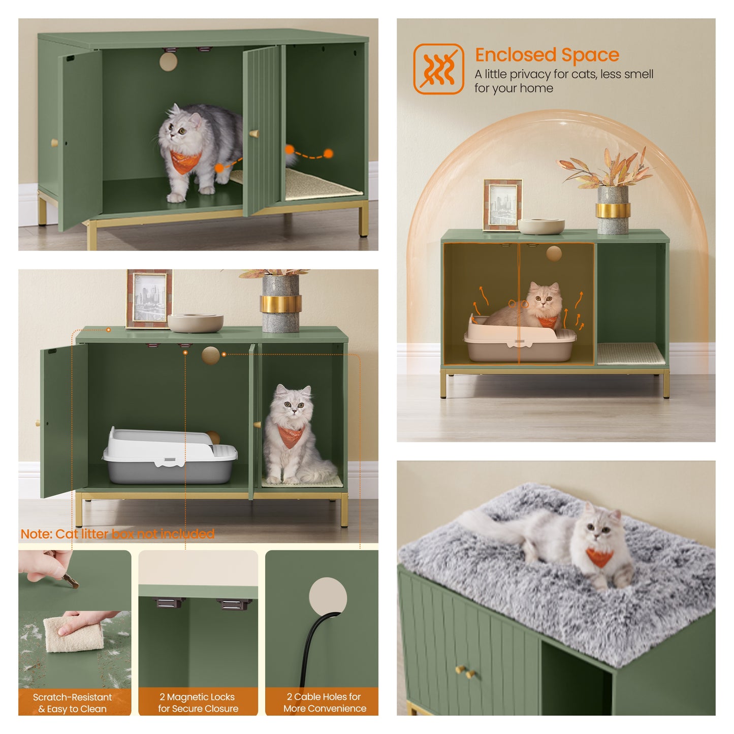 Cat Litter Box Enclosure with Scratch Pad, Hidden Litter Box Furniture with Double Cabinet Doors, Side End Table, Forest Green and Gold