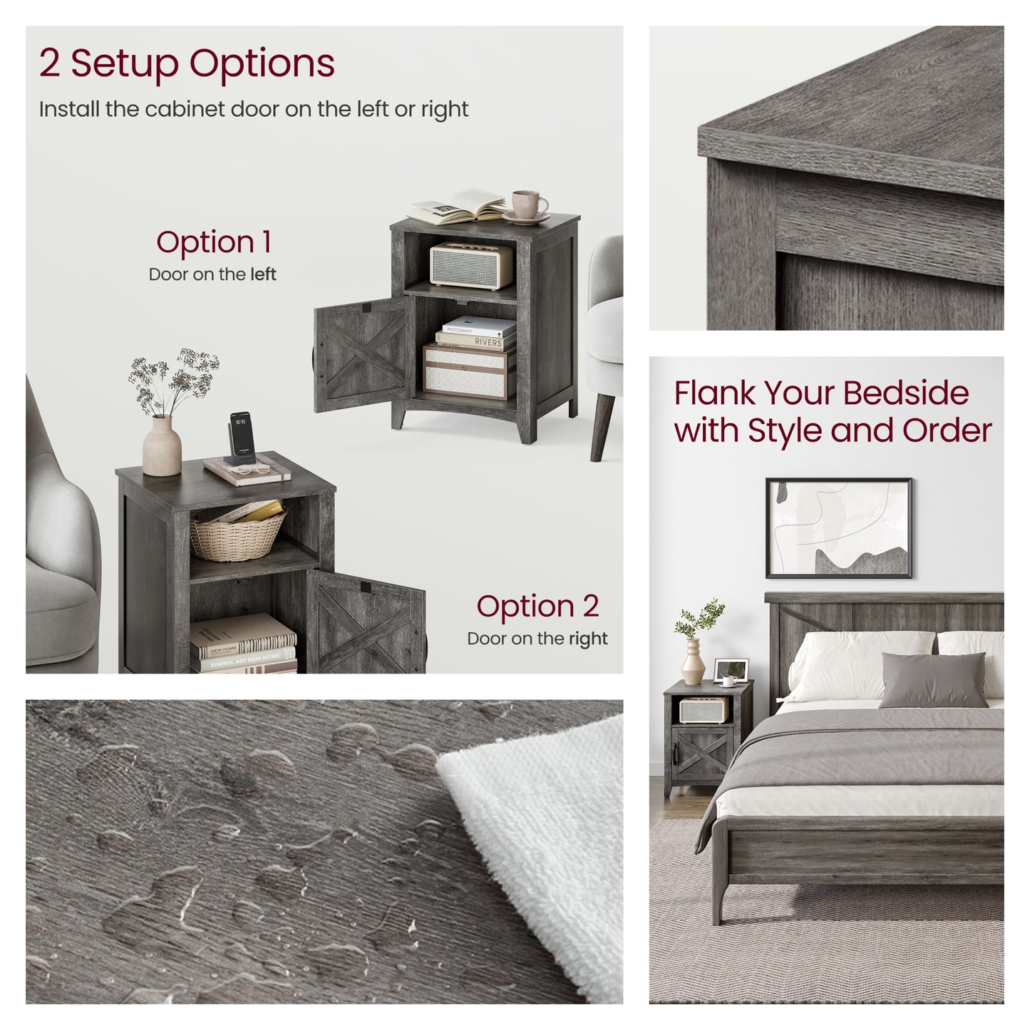 Farmhouse Nightstand, Set of 2, Barn Door & Open Shelf, Versatile Bedside Table with Storage, Reversible Door, for Bedroom Living Room,Misty Gray