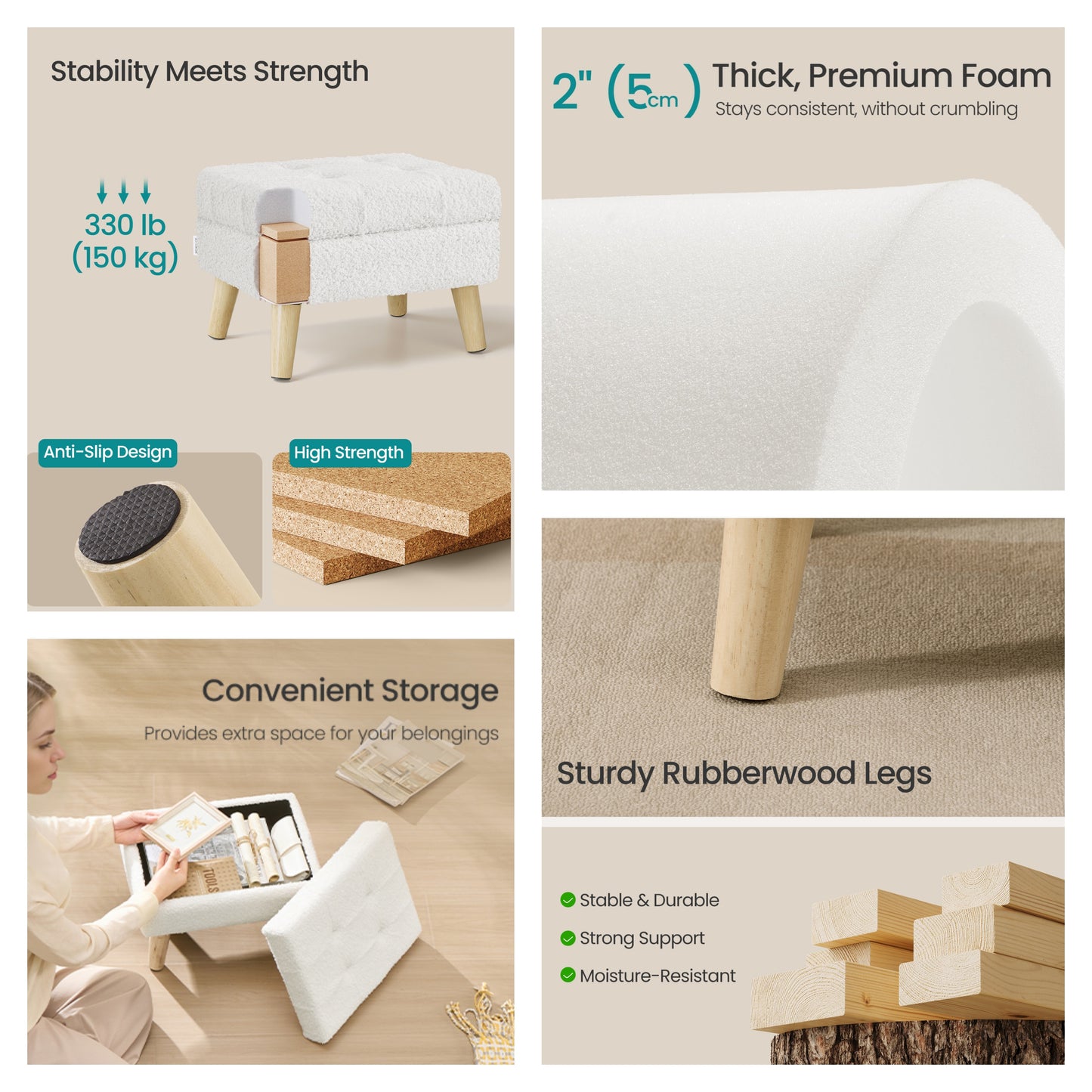 Rectangular Storage Ottoman with Teddy Fleece, 11.8 x 15.7 Inch Foot Stool and Small Table for Living Room and Hallway, Cream White