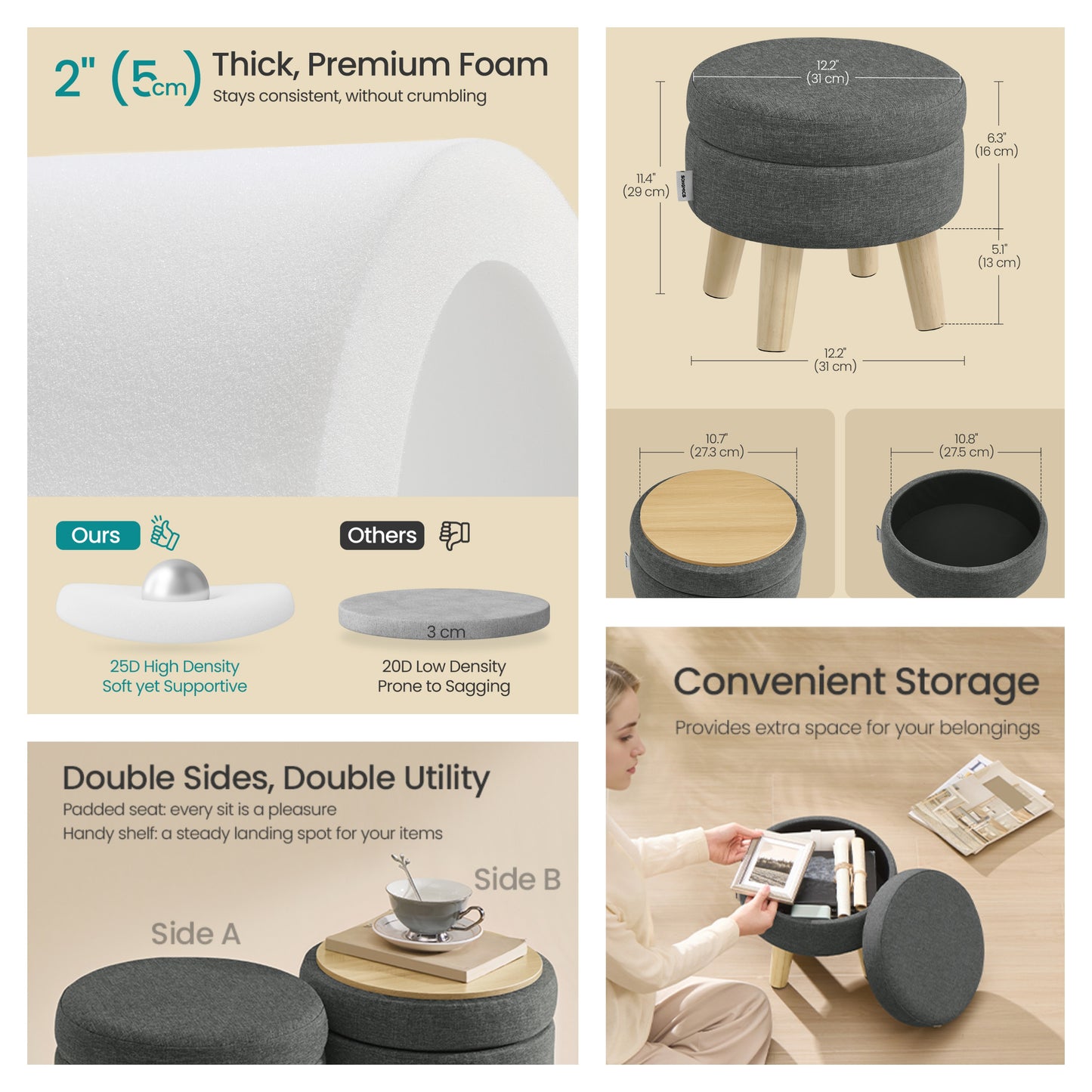 Round Storage Ottoman with Linen-Look Fabric, 12.2-Inch Foot Stool and Small Table for Living Room and Hallway, Slate Gray