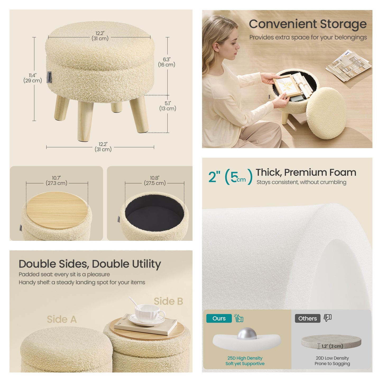 Round Storage Ottoman with Teddy Fleece Seat, 31 cm Foot Stool and Small Table for Living Room and Hallway, Summer Sand