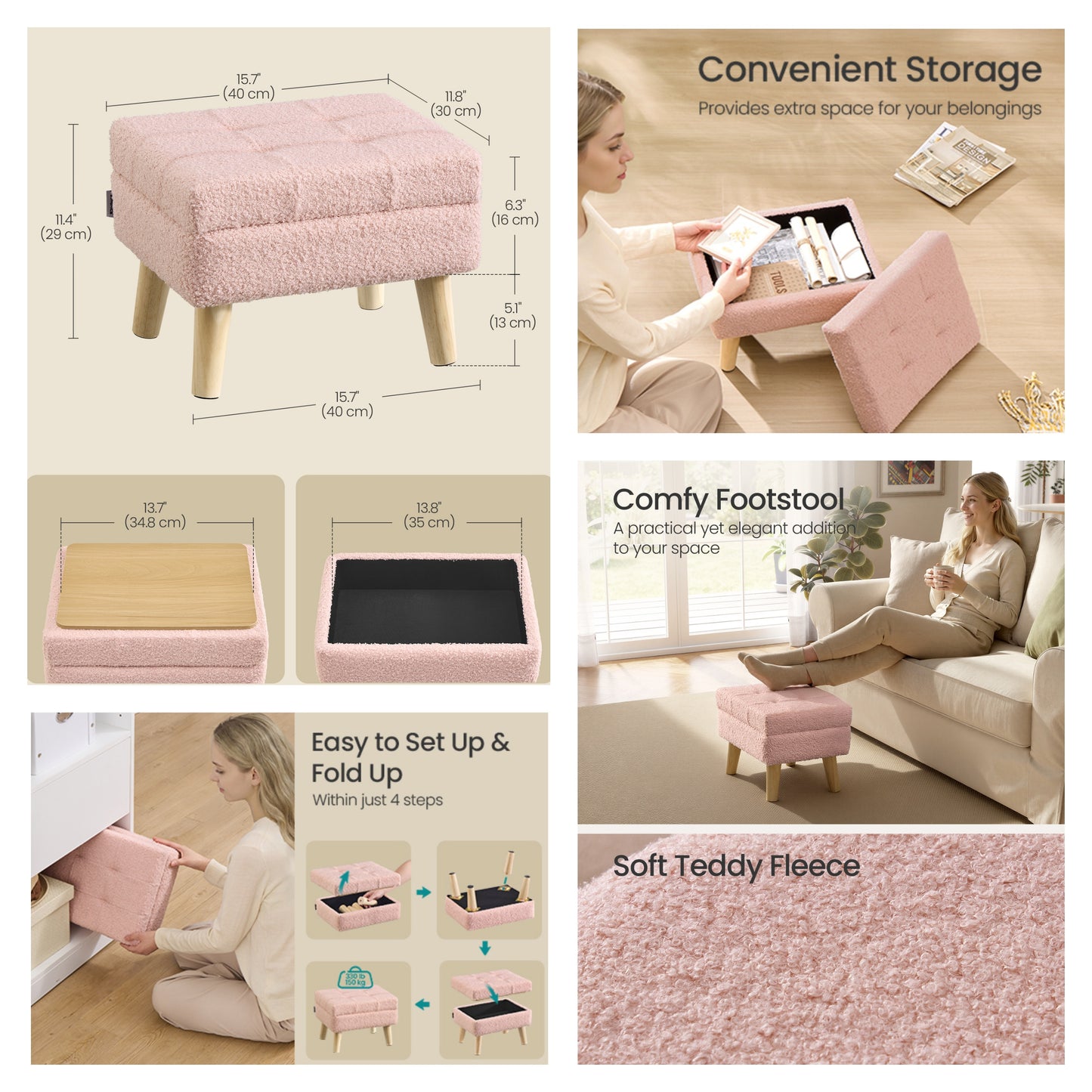 Rectangular Storage Ottoman with Teddy Fleece, 11.8 x 15.7 Inch Foot Stool and Small Table for Living Room, Jelly Pink