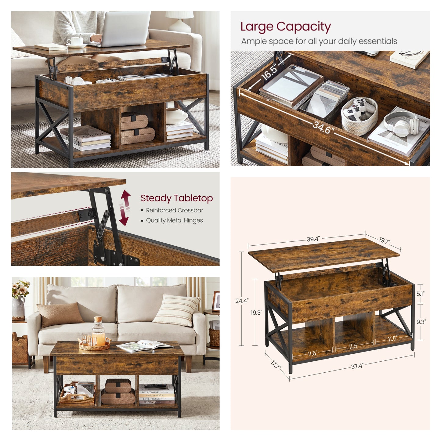Lift Top Coffee Table with Storage Shelf, 39.4 Inch Industrial Lift Table with Hidden Compartment, Rustic Brown and Black
