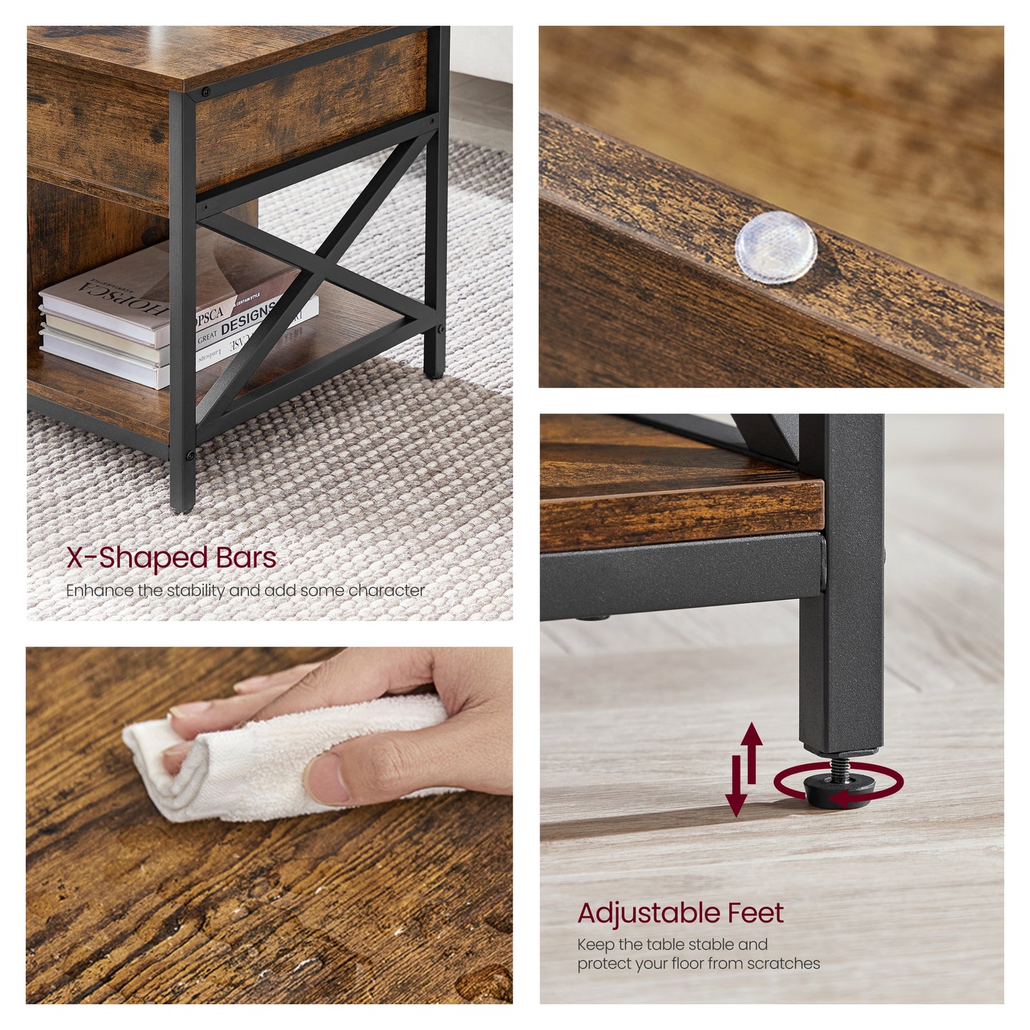 Lift Top Coffee Table with Storage Shelf, 39.4 Inch Industrial Lift Table with Hidden Compartment, Rustic Brown and Black
