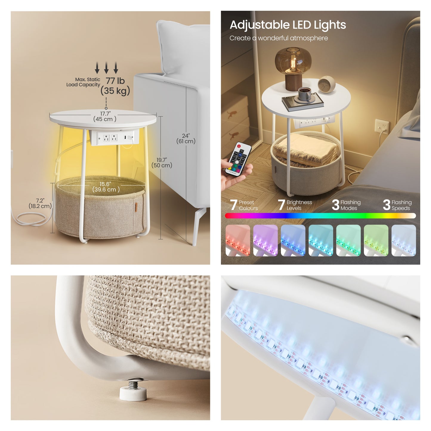 Round Side Table with Charging Station & LED Lights, End Table with Fabric Basket, Modern Nightstand for Living Room, Matte White and Camel Brown