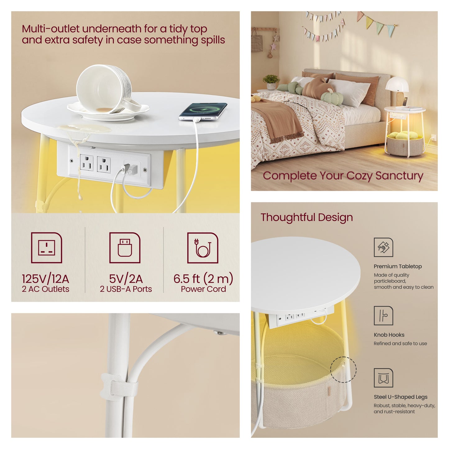 Round Side Table with Charging Station & LED Lights, End Table with Fabric Basket, Modern Nightstand for Living Room, Matte White and Camel Brown