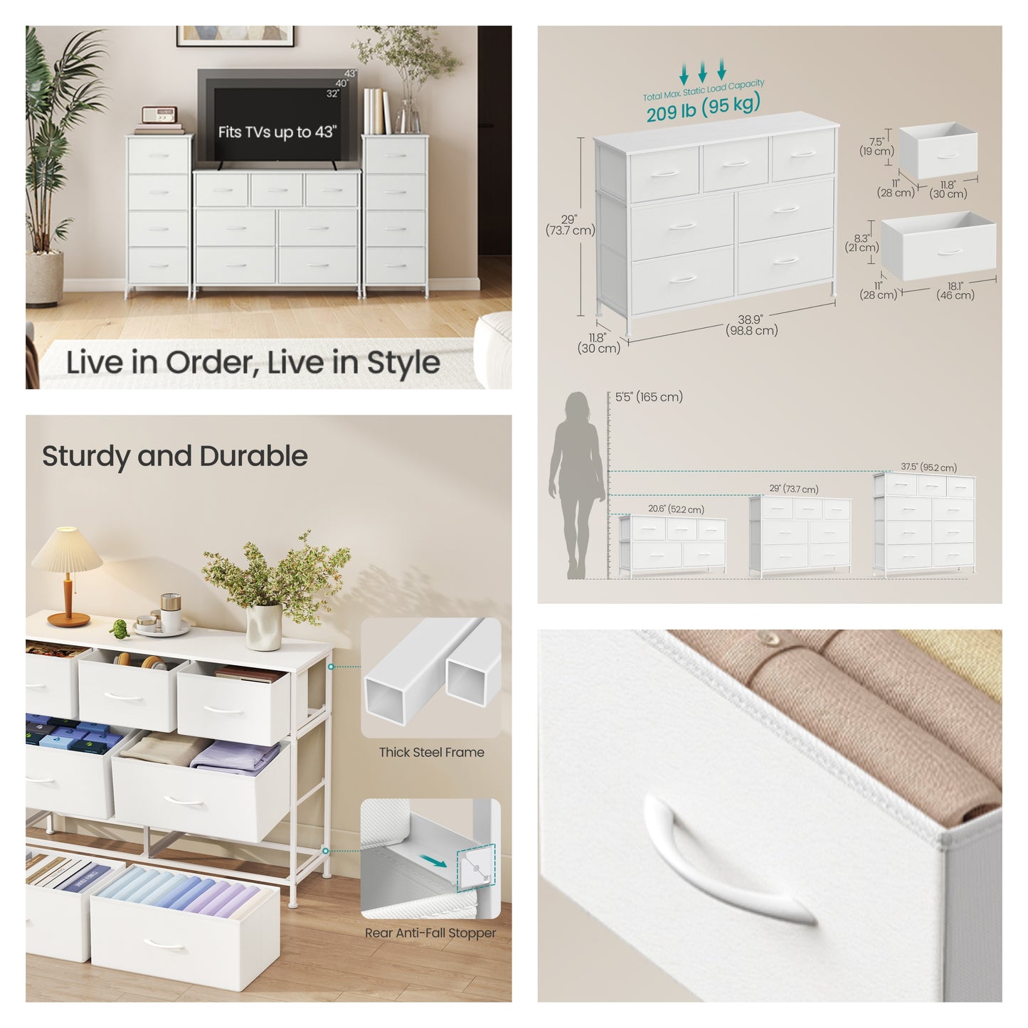 Modern 2-Drawer Storage Dresser, Steel Frame Fabric Chest of Drawers for Bedroom, Closet or Entryway, Cloud White and Snow White