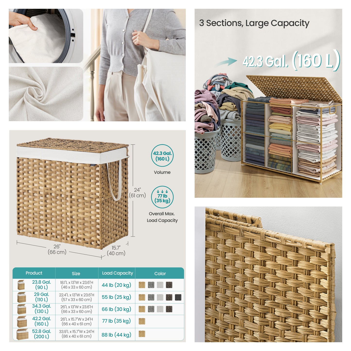 160 L Laundry Hamper with Lid, 3-Section Wicker Basket with Removable Liners and Mesh Bags, Double Laundry Organizer, Natural