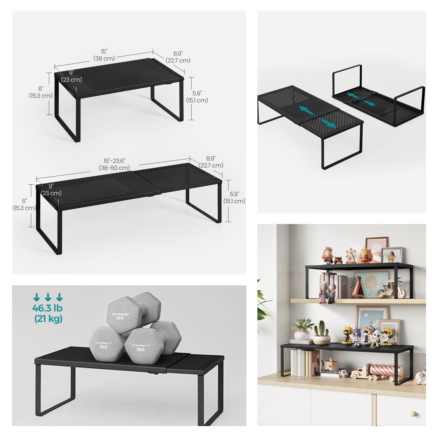 Expandable Spice Rack, Countertop Shelf Organizer, Adjustable 15-23.6 Inch Metal Cupboard Shelf for Kitchen, Matte Black