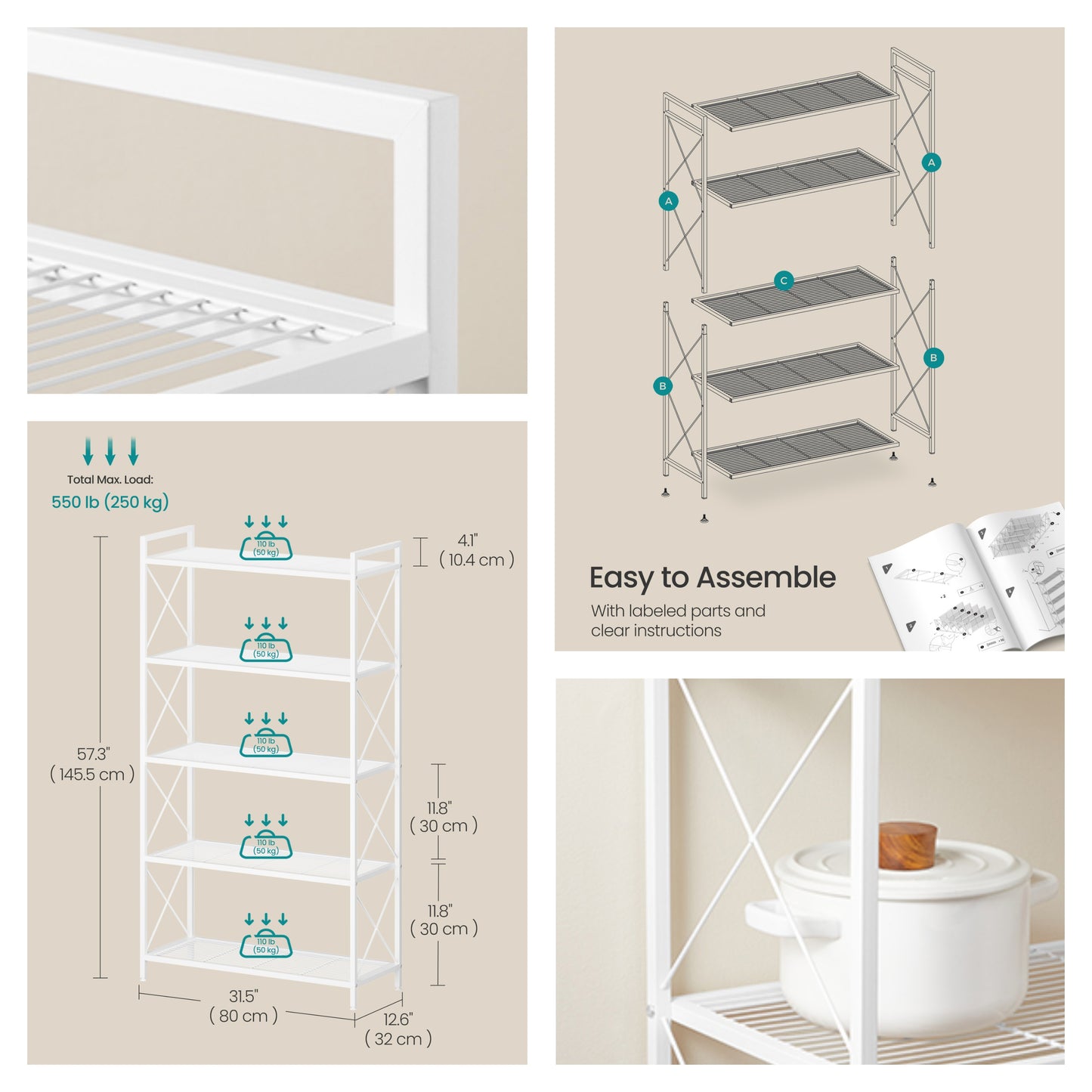 5-Tier Metal Storage Rack with Dense Mesh Shelves, X Side Frame Shelving Unit for Entryway, Kitchen and Bathroom, Cloud White