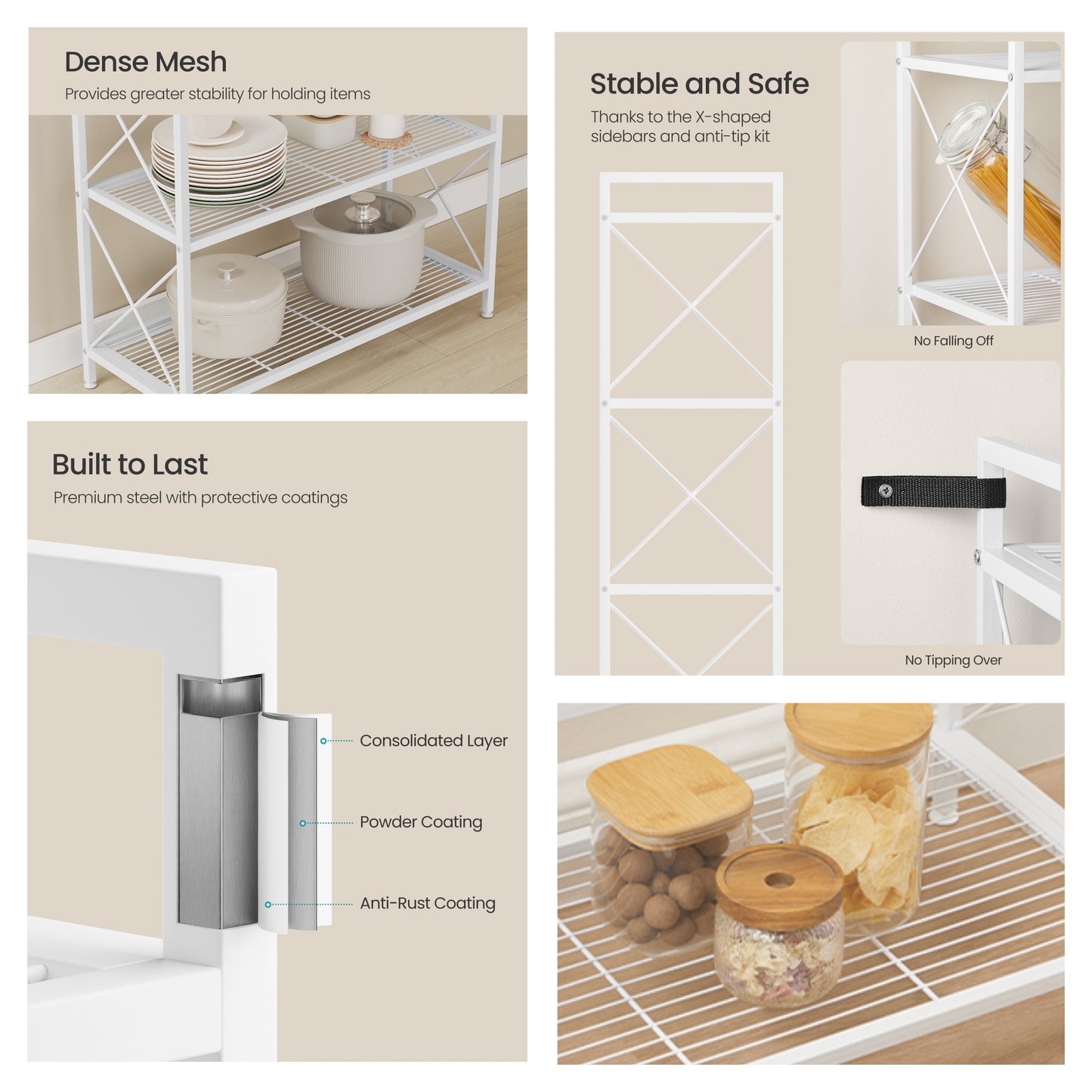 5-Tier Metal Storage Rack with Dense Mesh Shelves, X Side Frame Shelving Unit for Entryway, Kitchen and Bathroom, Cloud White