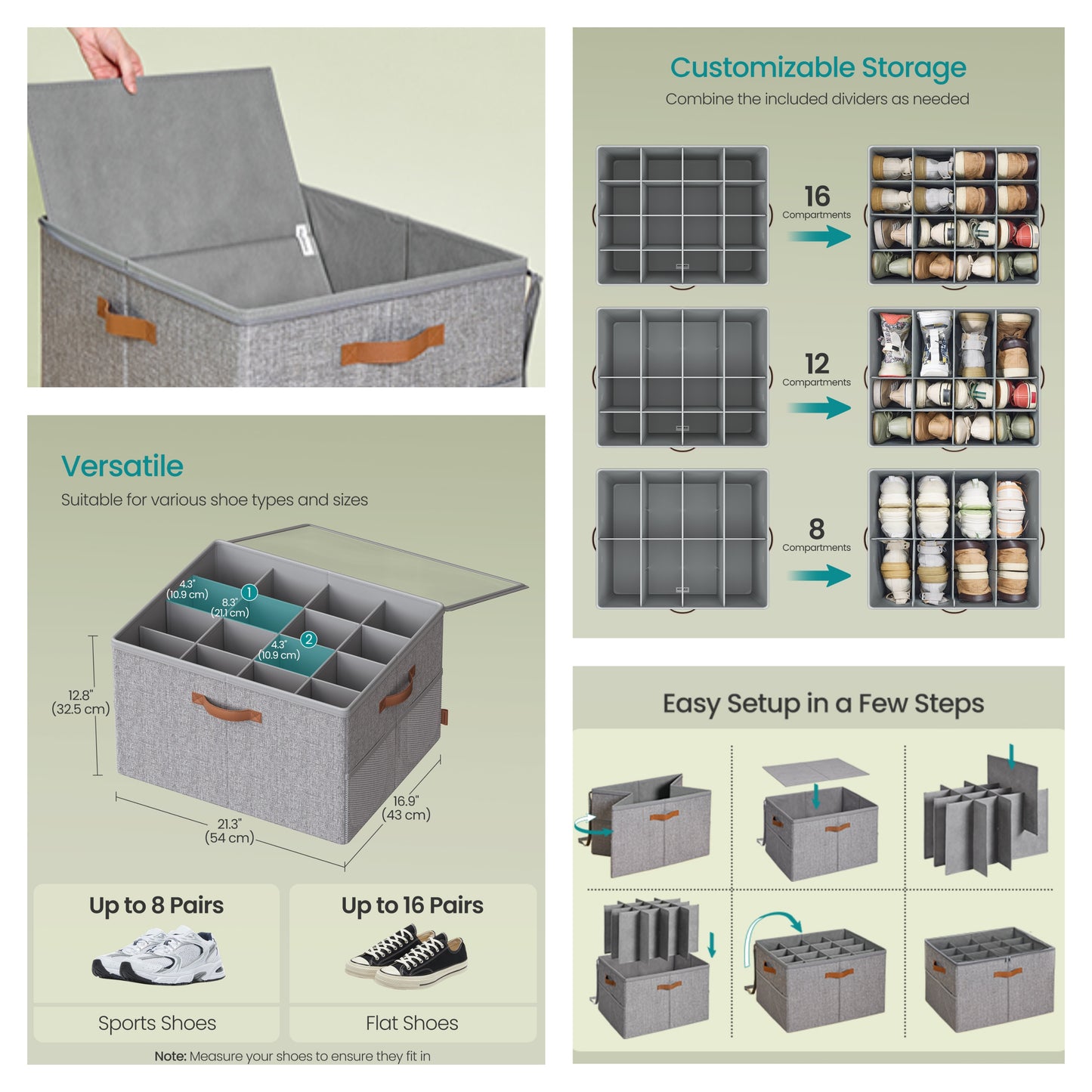 Shoe Storage Bin with Clear Cover, Adjustable Dividers Fabric Organizer for 16 Pairs of Shoes, Portable and Customizable, Dove Gray
