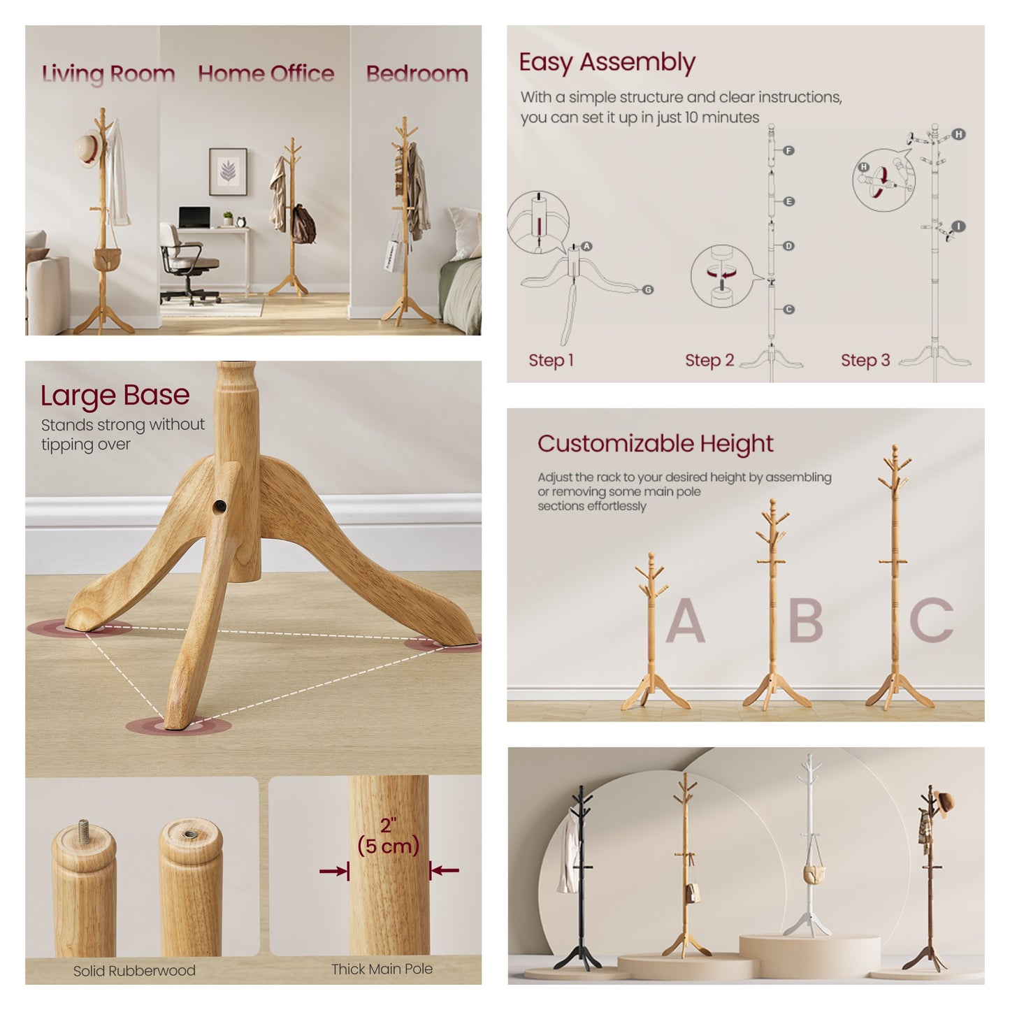 Solid Wood Coat Rack with 10 Hooks, Free Standing Coat Tree for Entryway and Hallway, Rubberwood, Natural Beige