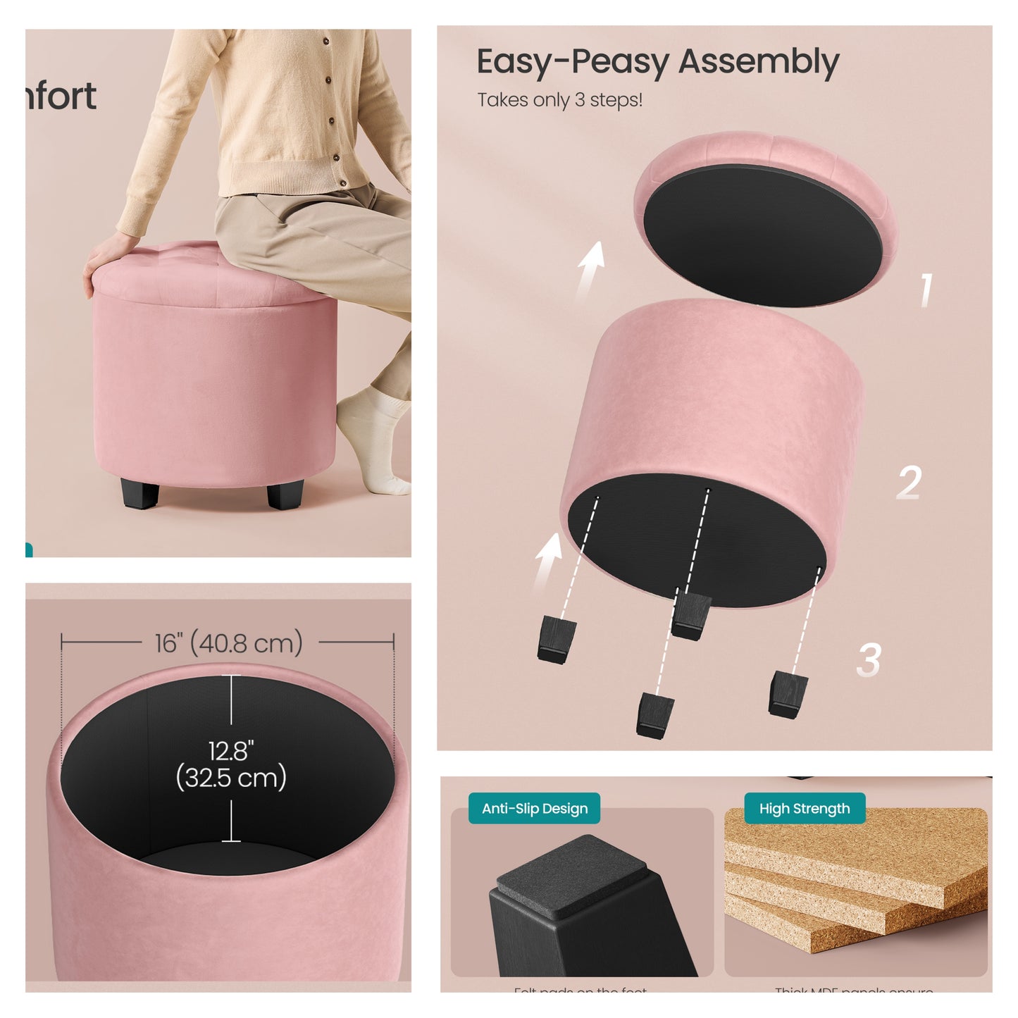 Round Velvet Storage Ottoman - 17.7" Foot Rest Stool with Hidden Compartment, 330lb Capacity, for Living Room, Bedroom, Dorm, Jelly Pink