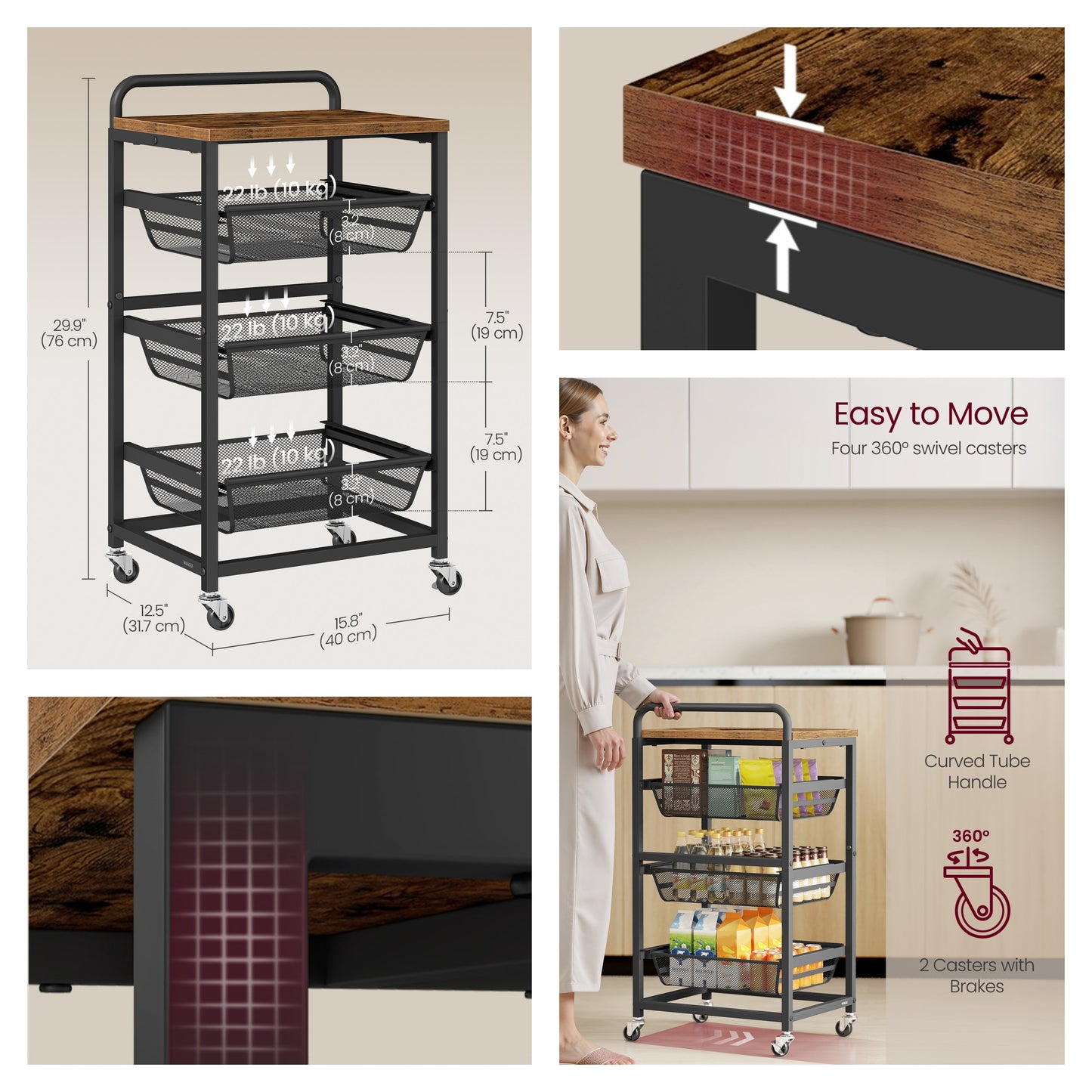 4-Tier Storage Cart with 3 Pull-Out Baskets, Mobile Kitchen Cart with Wheels and Handle, Rustic Brown and Ink Black