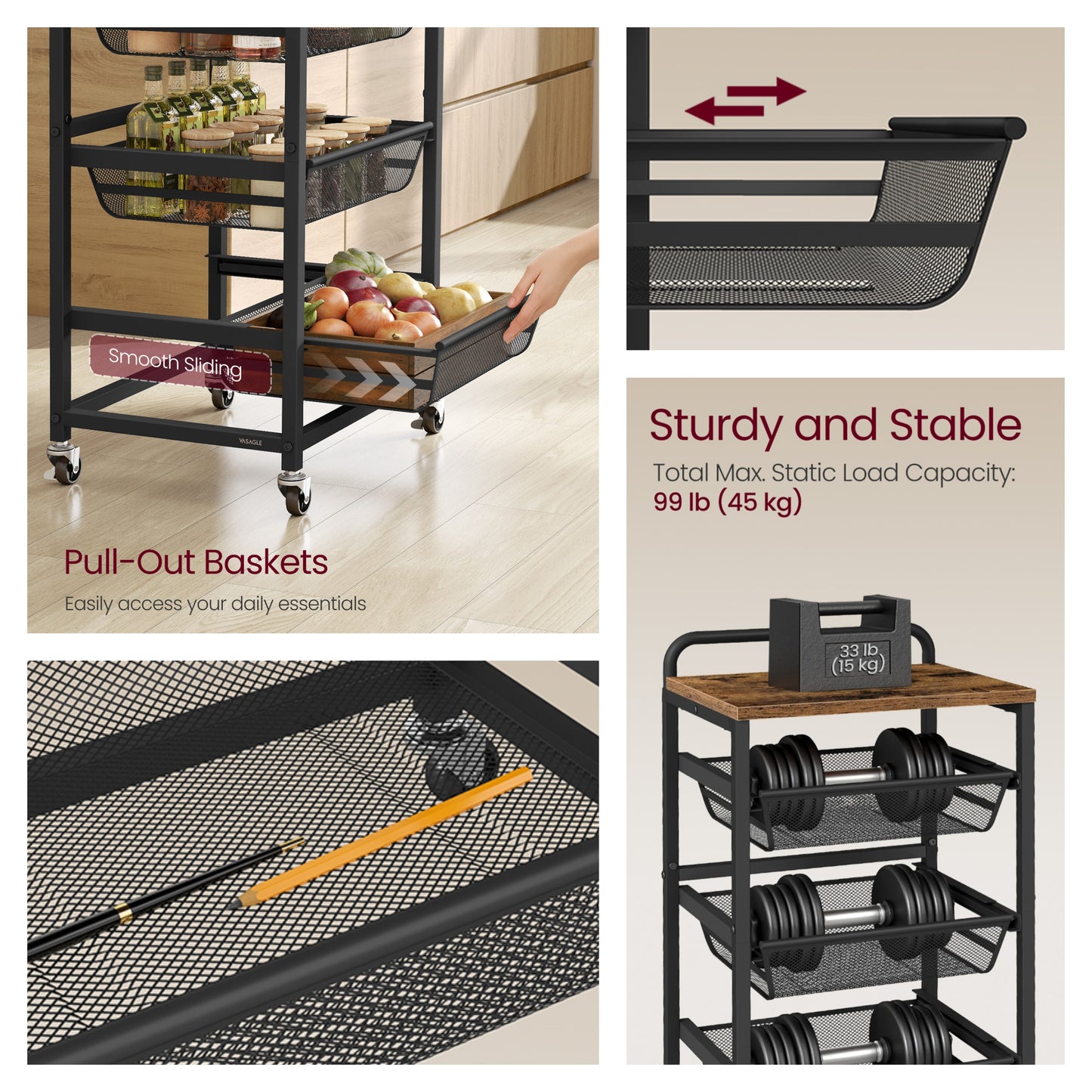 4-Tier Storage Cart with 3 Pull-Out Baskets, Mobile Kitchen Cart with Wheels and Handle, Rustic Brown and Ink Black