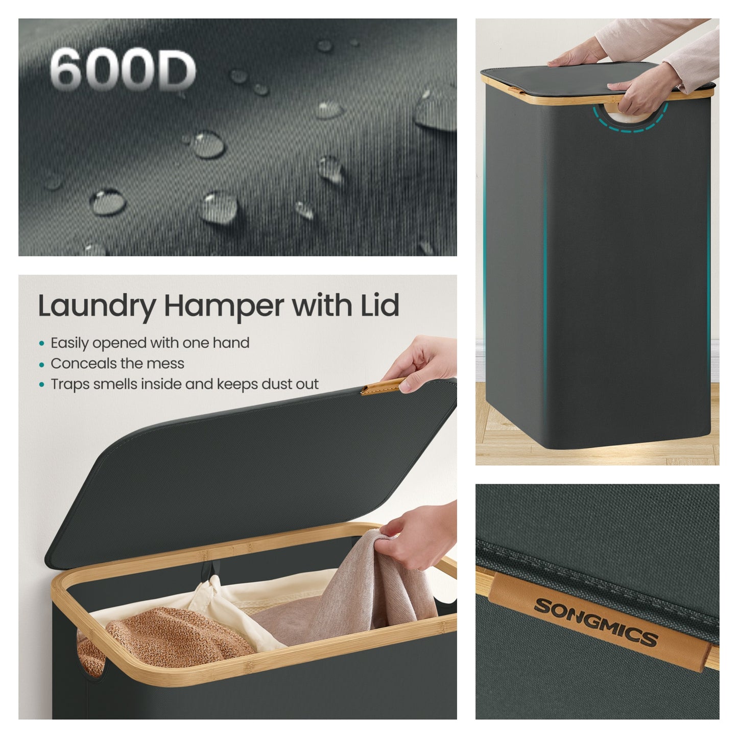 26.4 Gallon Laundry Hamper with Lid, Foldable Bamboo Frame Storage Basket for Bedroom and Living Room, Slate Gray