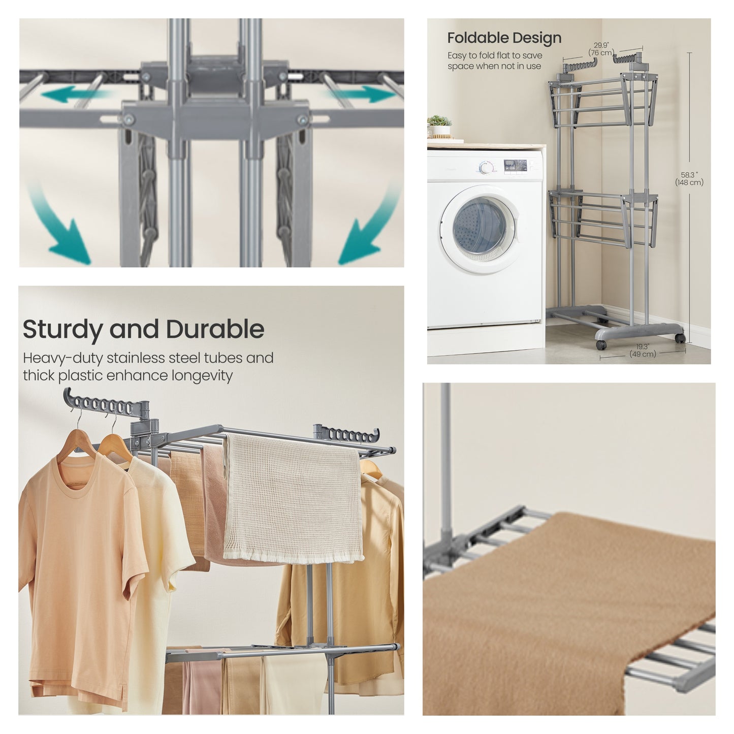 3-Tier Foldable Clothes Drying Rack, 58.3-Inch Stainless Steel Laundry Rack with Wheels for Indoor Outdoor Use, Dove Gray