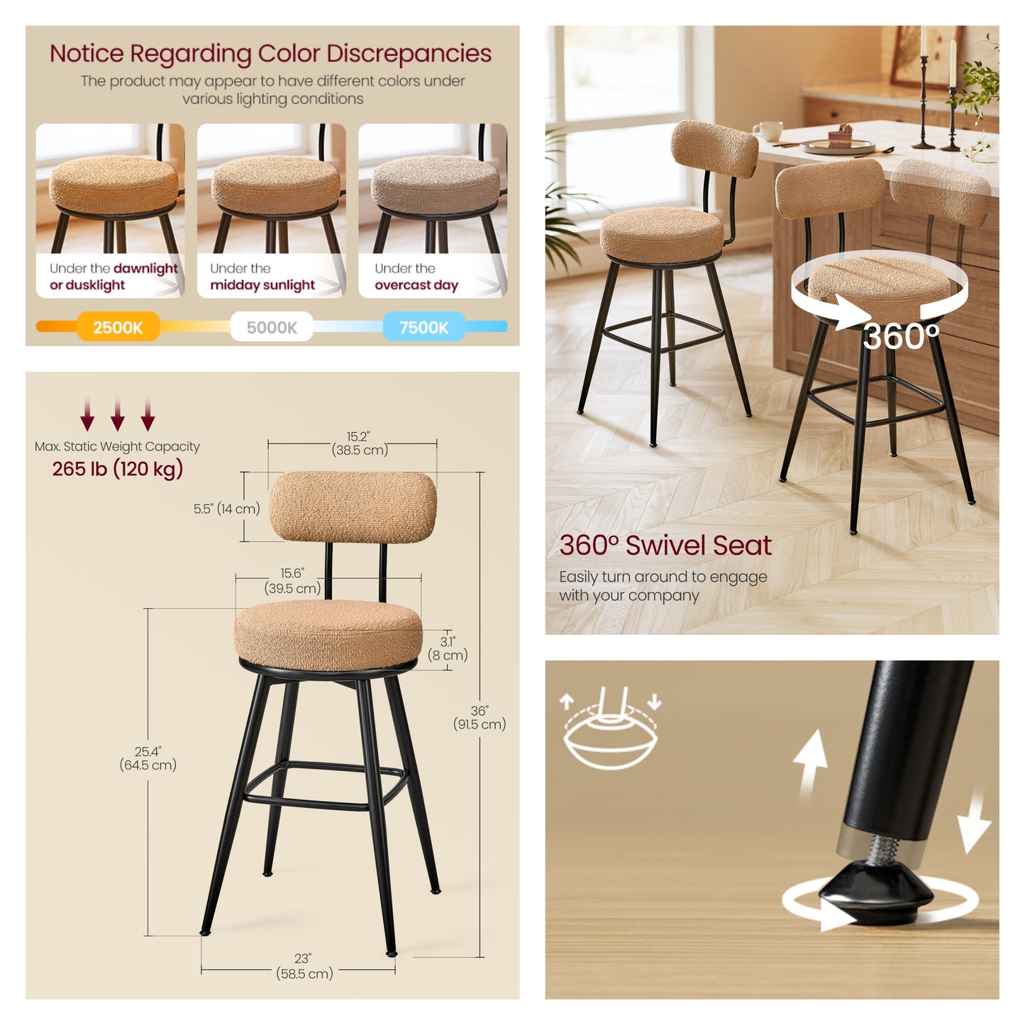 Bar Stools Set of 2, Counter Height Swivel Stools with Boucle Fabric & Curved Back, 360° Rotation Seat, Contemporary Modern Kitchen Island Chairs, Camel Brown