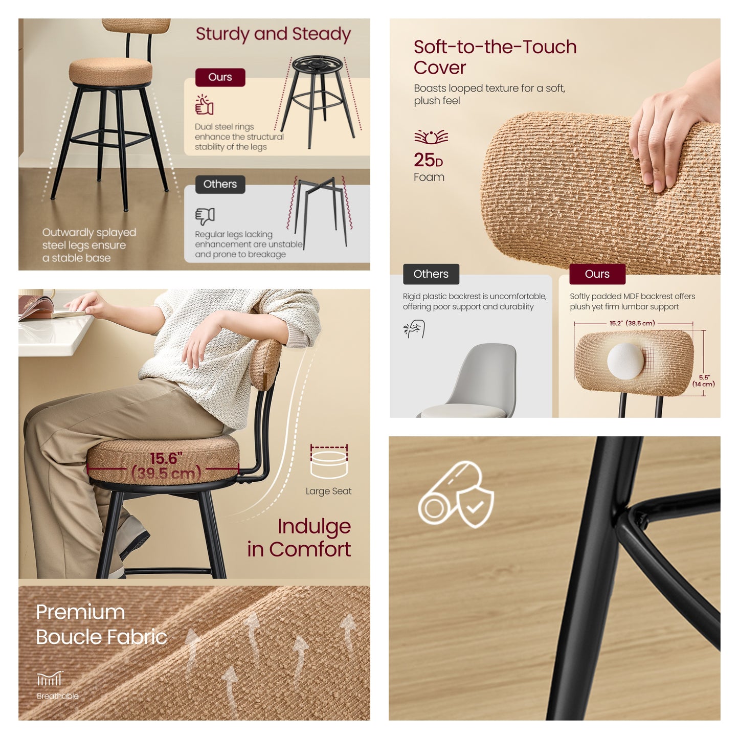 Bar Stools Set of 2, Counter Height Swivel Stools with Boucle Fabric & Curved Back, 360° Rotation Seat, Contemporary Modern Kitchen Island Chairs, Camel Brown