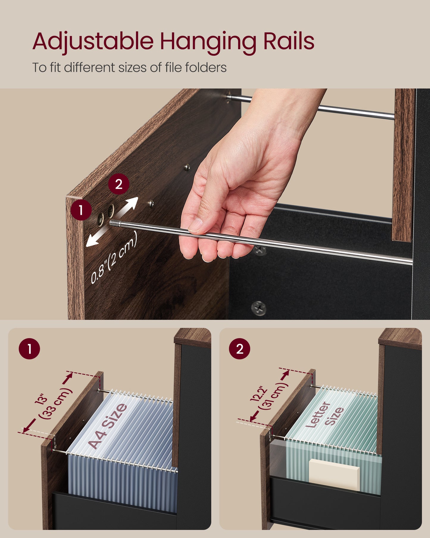 2-Drawer Rolling File Cabinet, Small Office Storage with Lockable Casters, for A4，Letter Documents, Under Desk Printer Stand, Walnut & Black