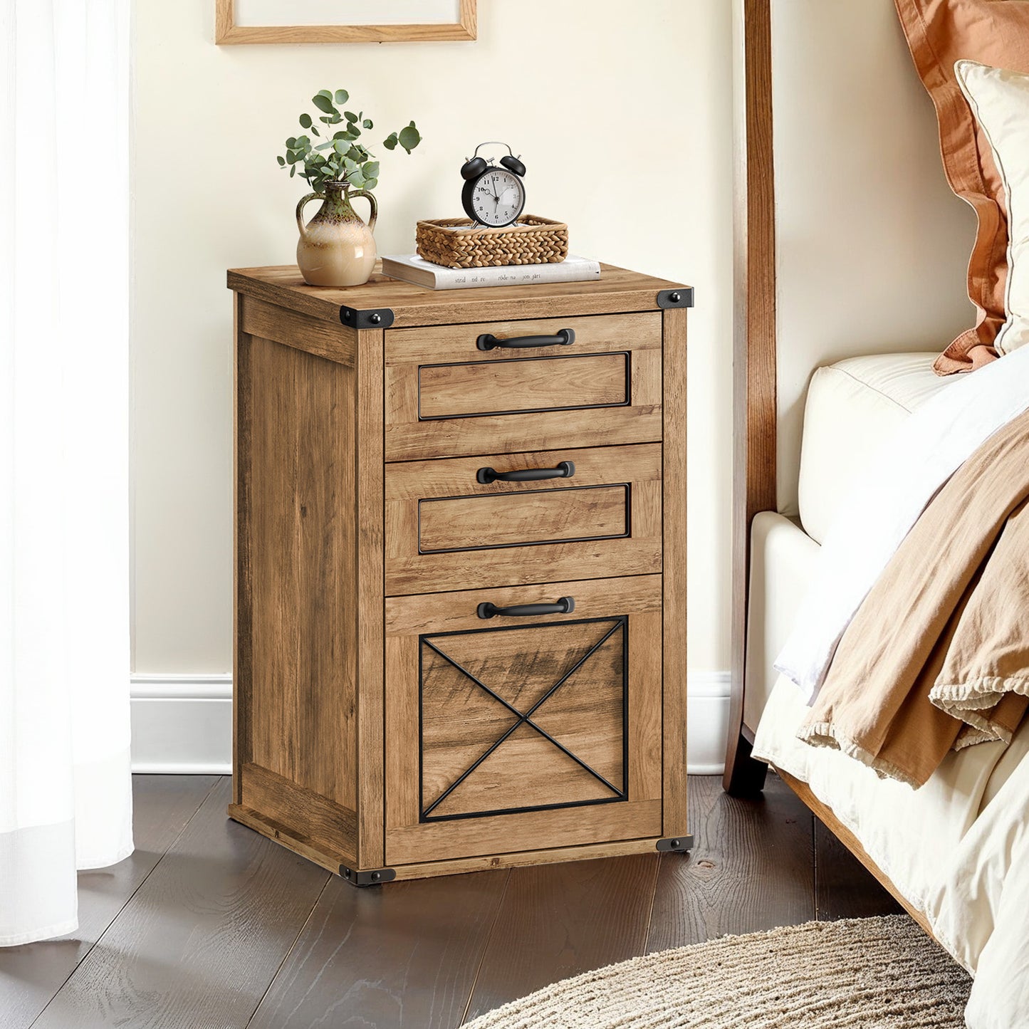 3-Drawer File Cabinet with Hanging Rail, Modern Farmhouse Style Printer Stand for Home Office, Fits A4/Letter Size, Honey Brown