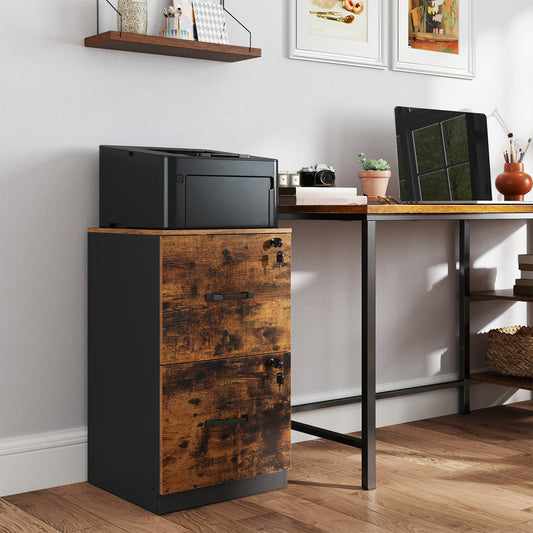 LEDREM 2-Drawer File Cabinet with Lock, Printer Stand & Office Organizer, for A4 & Letter Size Documents, Rustic Brown and Ink Black