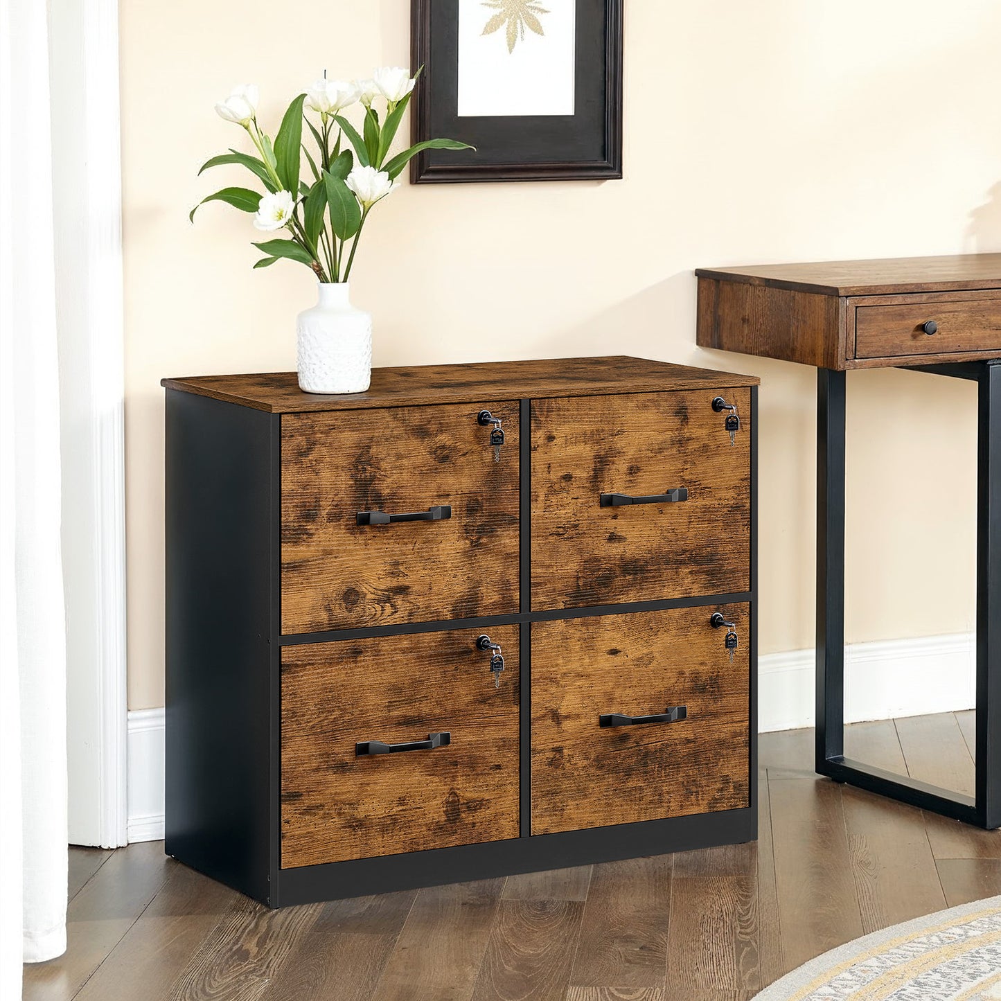 File Cabinet with Lock, 4-Drawer Office Filing Cabinet Organizer, Printer Stand for A4 Letter Size Documents, Rustic Brown and Black