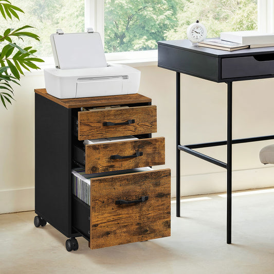 LEDREM 3-Drawer Mobile File Cabinet with Hanging File Folders, Rolling Office Filing Cabinet for A4 & Letter Documents, with Lockable Wheels, Rustic Brown and Ink Black