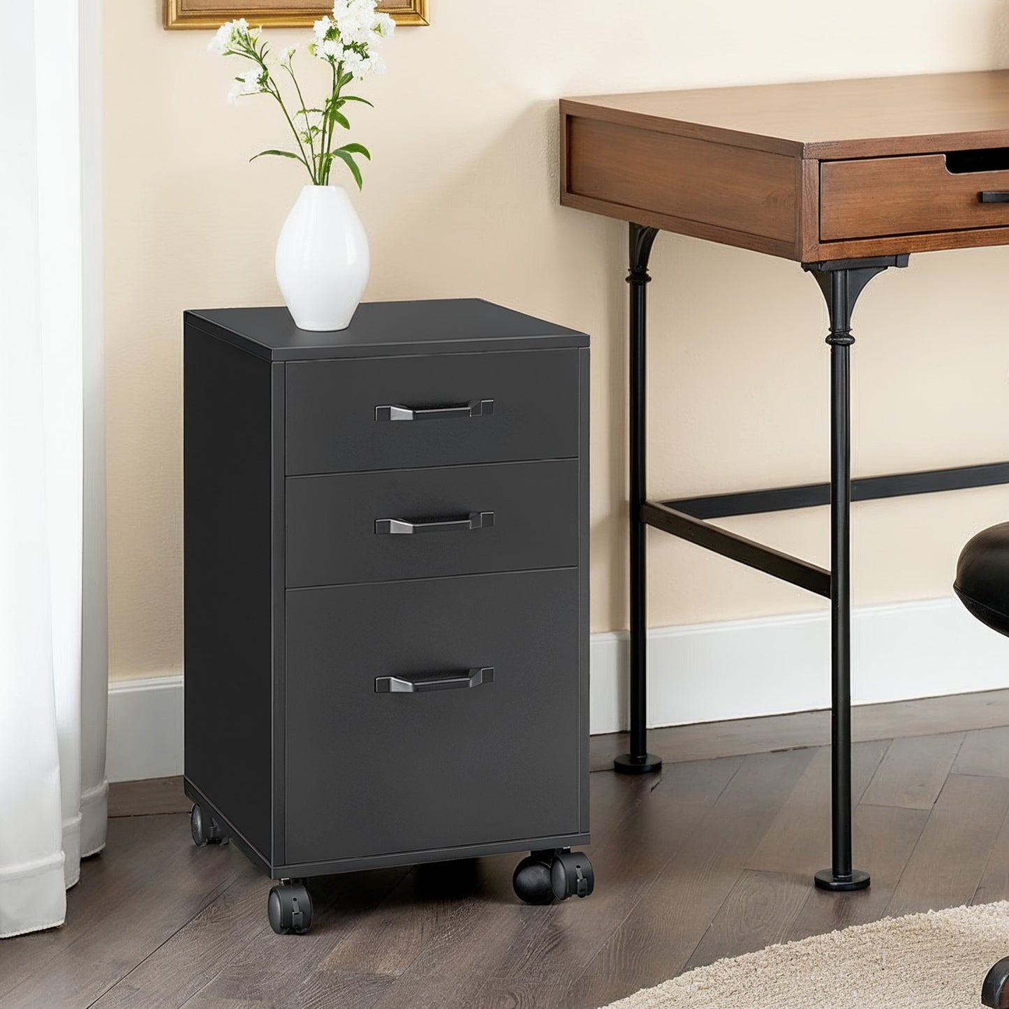 3-Drawer Mobile File Cabinet with Hanging File Folders, Rolling Office Filing Cabinet for A4 & Letter Documents, with Lockable Wheels, Ink Black