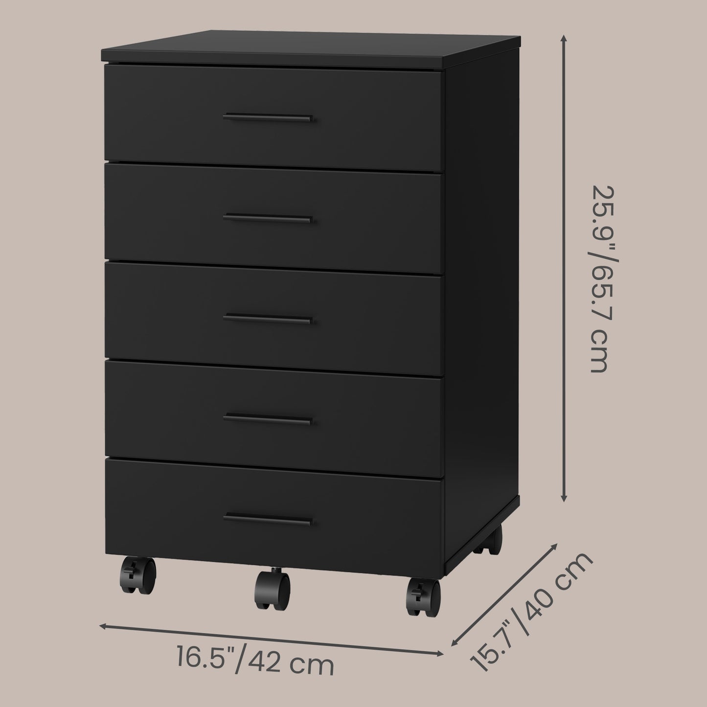 File Cabinet, Mobile Pedestal Filing Cabinet with Wheels & 5 Drawers, Printer Stand with Tool-Free Slides, for Home Office, Ink Black