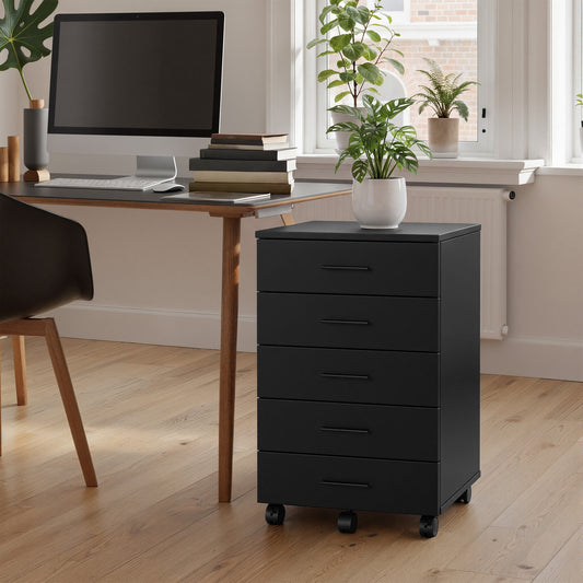 File Cabinet, Mobile Pedestal Filing Cabinet with Wheels & 5 Drawers, Printer Stand with Tool-Free Slides, for Home Office, Ink Black