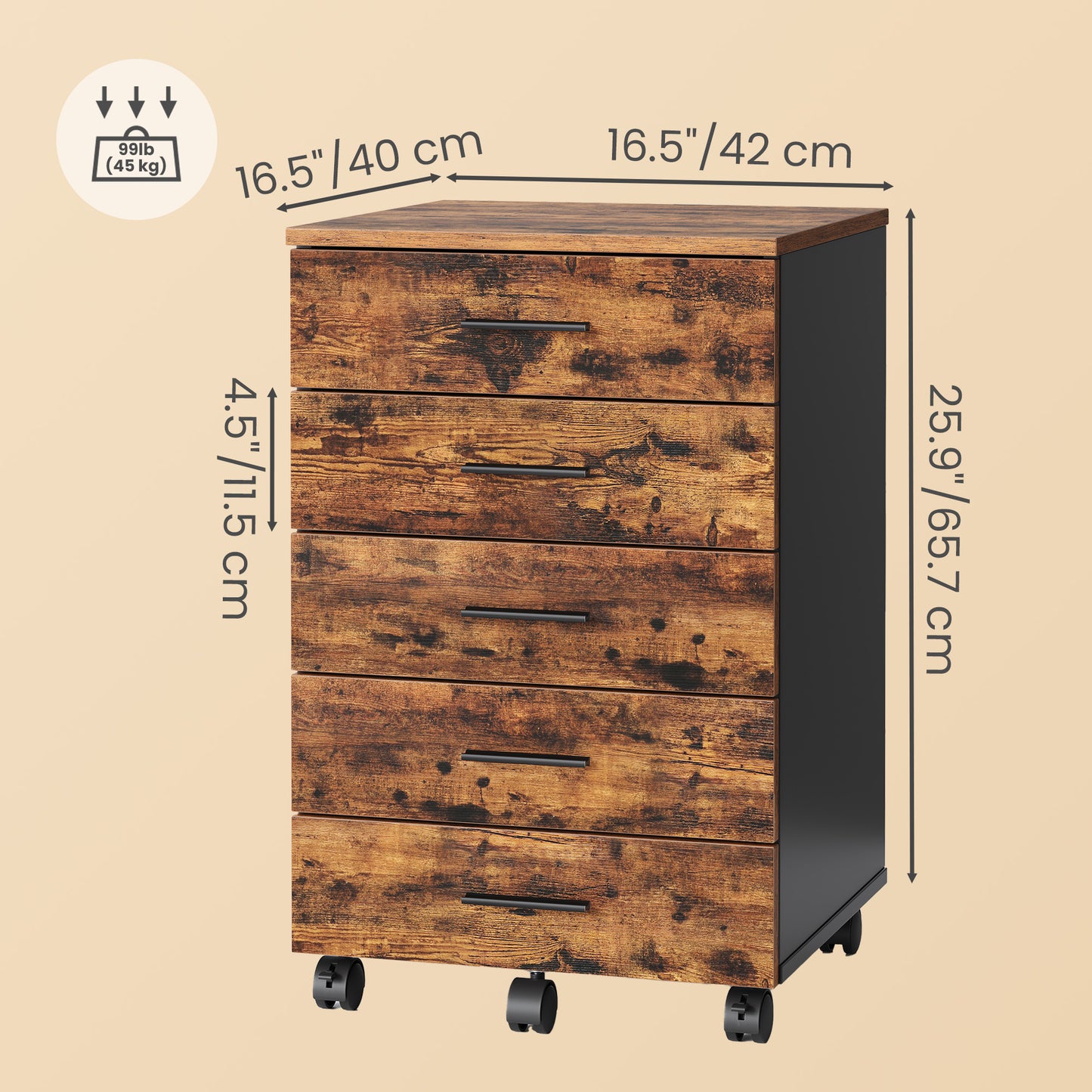 File Cabinet, Mobile Pedestal Filing Cabinet with Wheels & 6 Drawers, Printer Stand with Tool-Free Slides, for Home Office,Rustic Brown