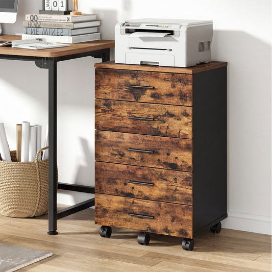 File Cabinet, Mobile Pedestal Filing Cabinet with Wheels & 6 Drawers, Printer Stand with Tool-Free Slides, for Home Office,Rustic Brown
