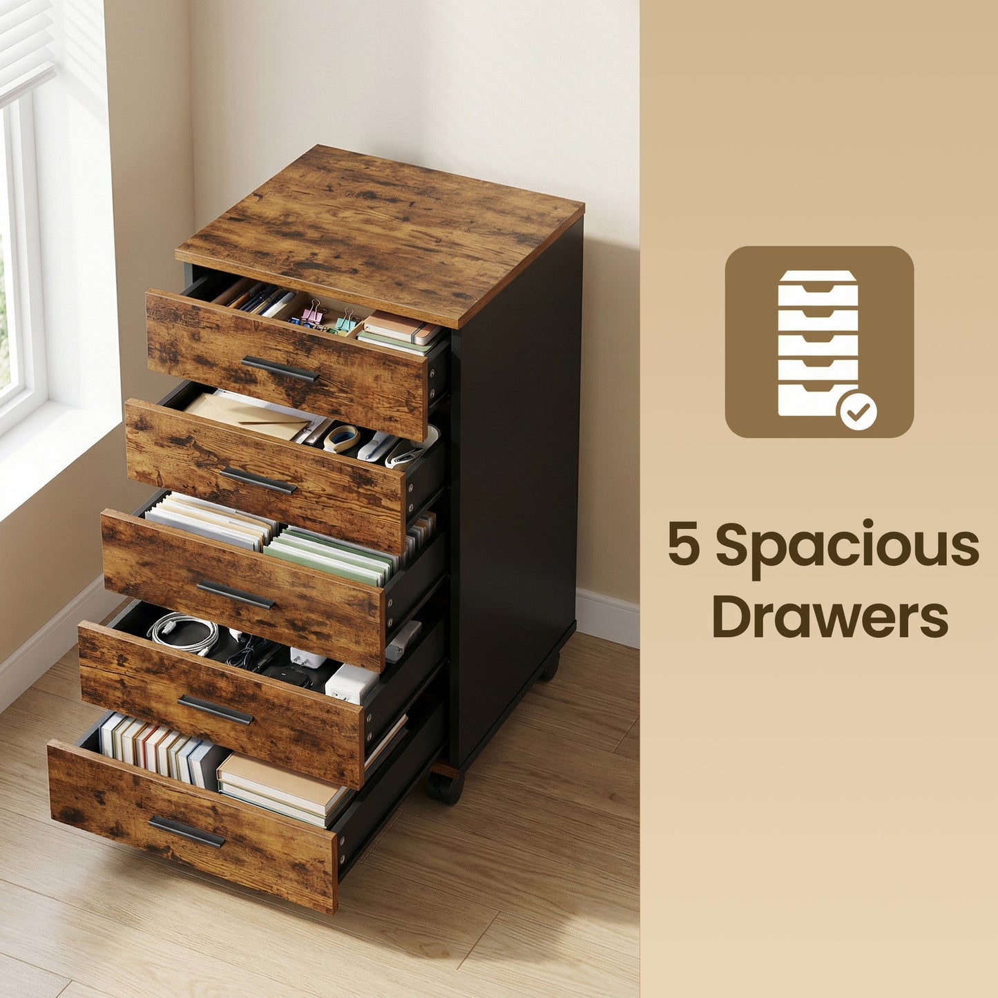 File Cabinet, Mobile Pedestal Filing Cabinet with Wheels & 6 Drawers, Printer Stand with Tool-Free Slides, for Home Office,Rustic Brown