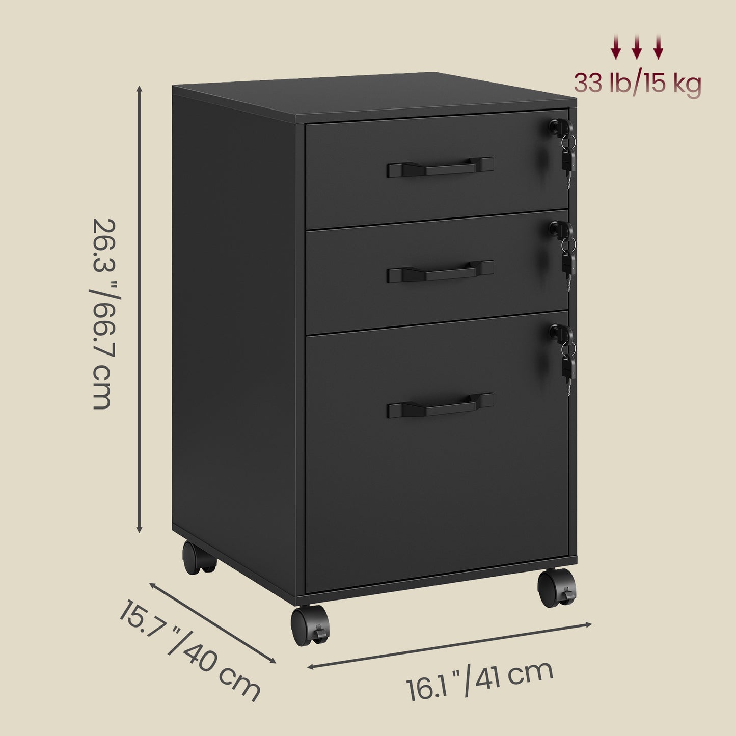 Mobile File Cabinet, 3-Drawer Lockable Filing Cabinet with Wheels, for Home Office, Adjustable Rail for A4 Letter Folders, Ink Black