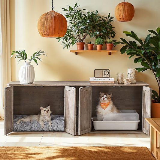 Double Cat Litter Box Enclosure for 2 Cats, Hidden Litter Box Furniture with Front Entry, Side End Table & TV Stand, 59 x 19.5 x 19 Inches, Heather Greige