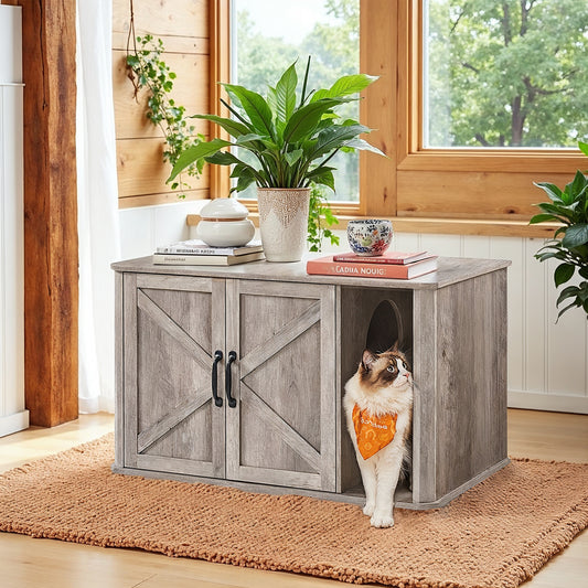 Single Cat Litter Box Enclosure with Front Entry, Hidden Litter Box Furniture with Double Doors, Side End Table, 33.5 x 19.5 x 19 Inches, Heather Greige