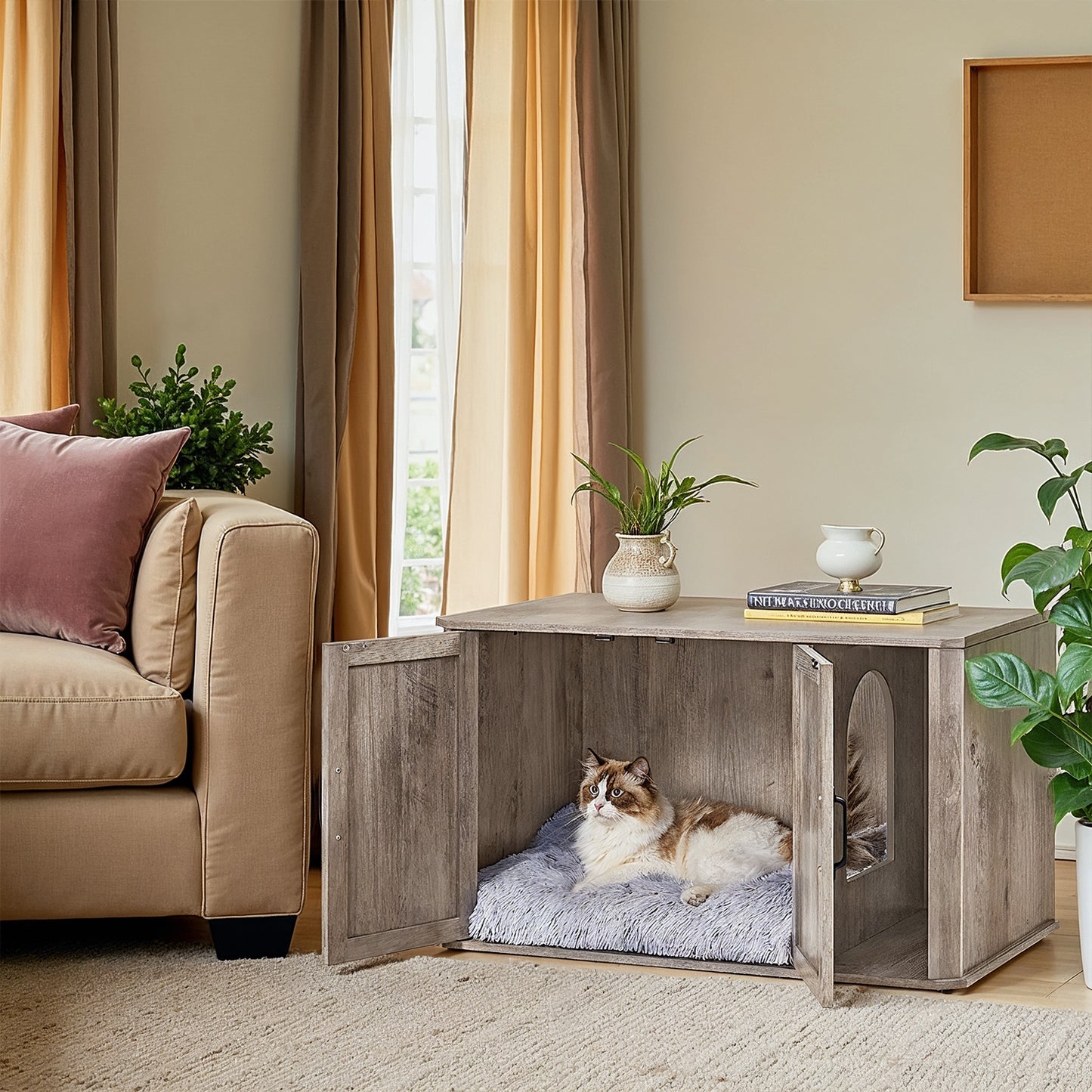 Single Cat Litter Box Enclosure with Front Entry, Hidden Litter Box Furniture with Double Doors, Side End Table, 33.5 x 19.5 x 19 Inches, Heather Greige