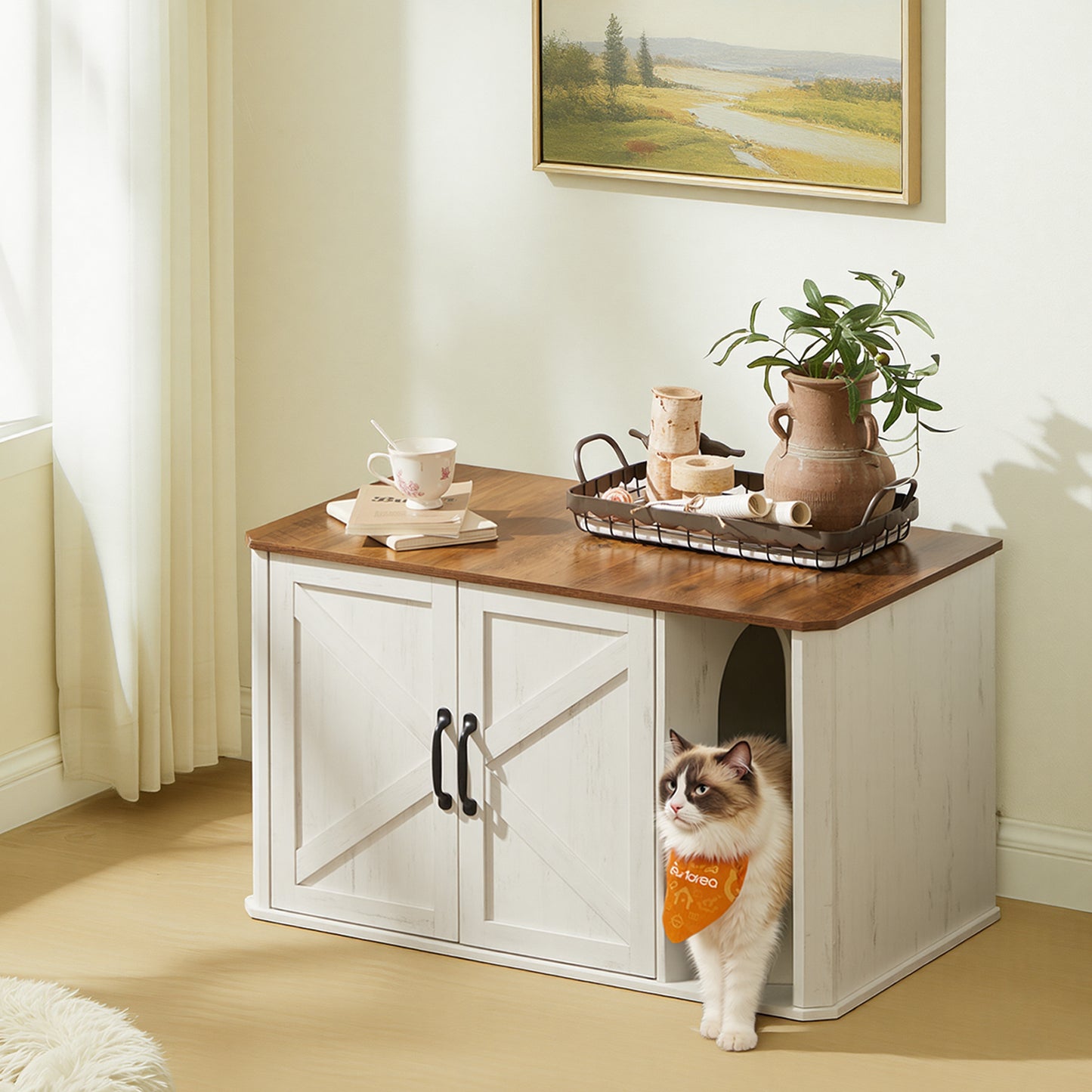 Single Cat Litter Box Enclosure with Front Entry, Hidden Litter Box Furniture with Double Doors, Side End Table, 33.5 x 19.5 x 20 Inches, Rustic White
